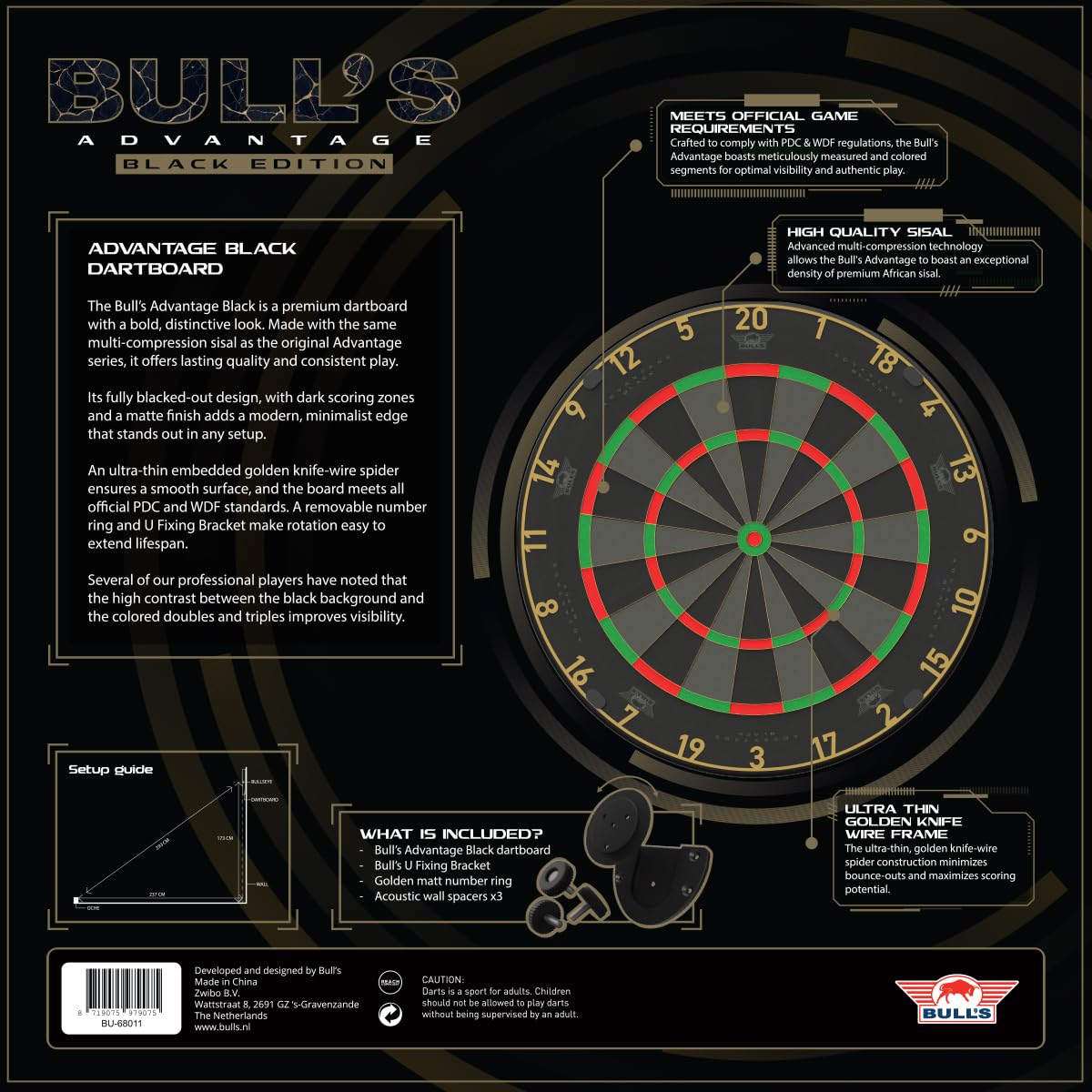 Bull's Advantage Black Dartboard – Offizielles Turnier Steeldart Board, Schwarzes Sisal Profi Dartboard, Ultra Haltbar
