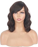 Vista 13 de Pelucas Bob Onduladas Negras Naturales a la Altura del Hombro Para Mujeres Pelucas Cortas Onduladas Con Flequillo Pelucas Sintéticas Onduladas