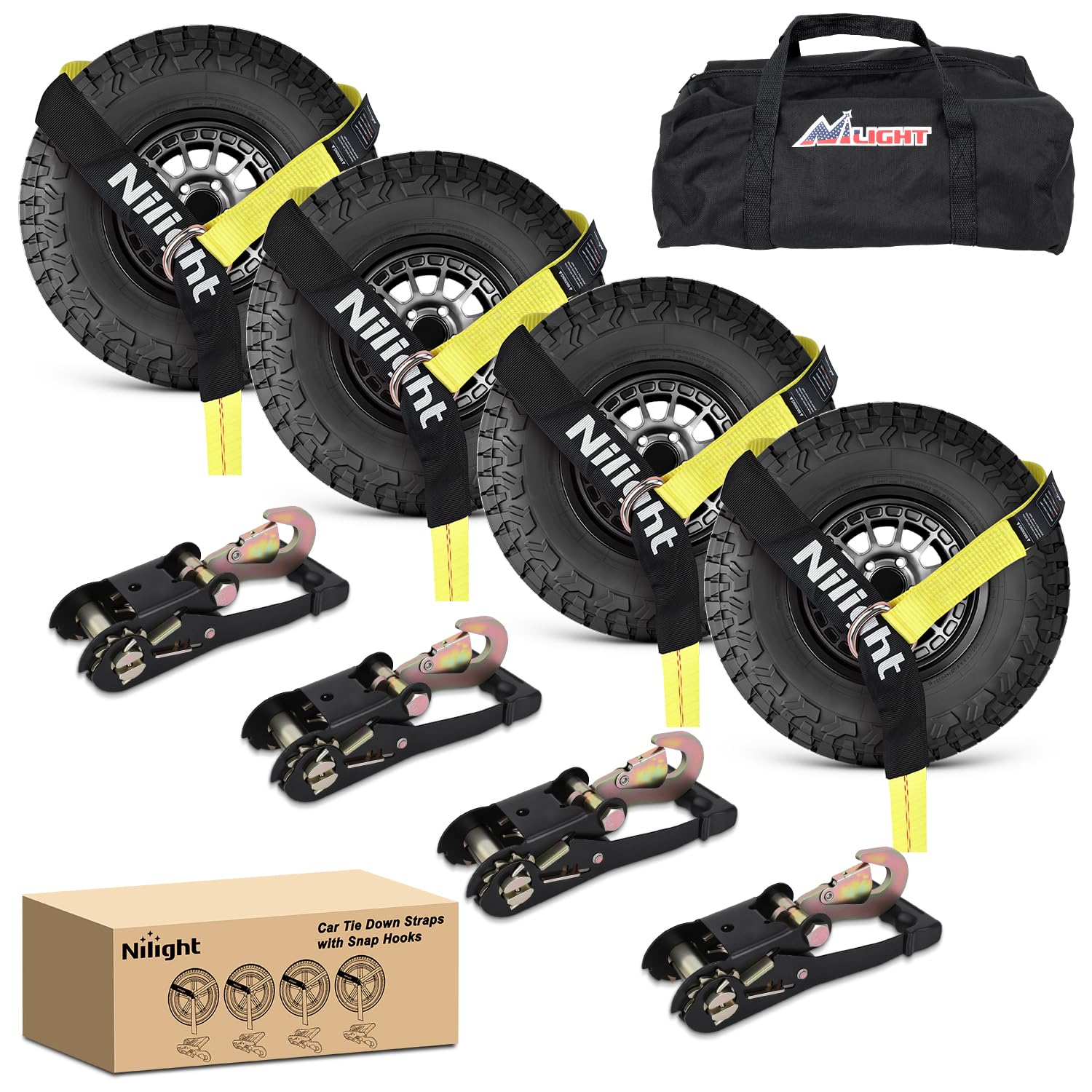 Nilight Tire Tie Down Straps 2" x 120" with Snap Hooks 4Pack Heavy Duty Adjustable Wheel Straps for Hauling UTV, SUV, Truck 10000lbs Break Strength Side by Side Tie Downs Storage Bag Included