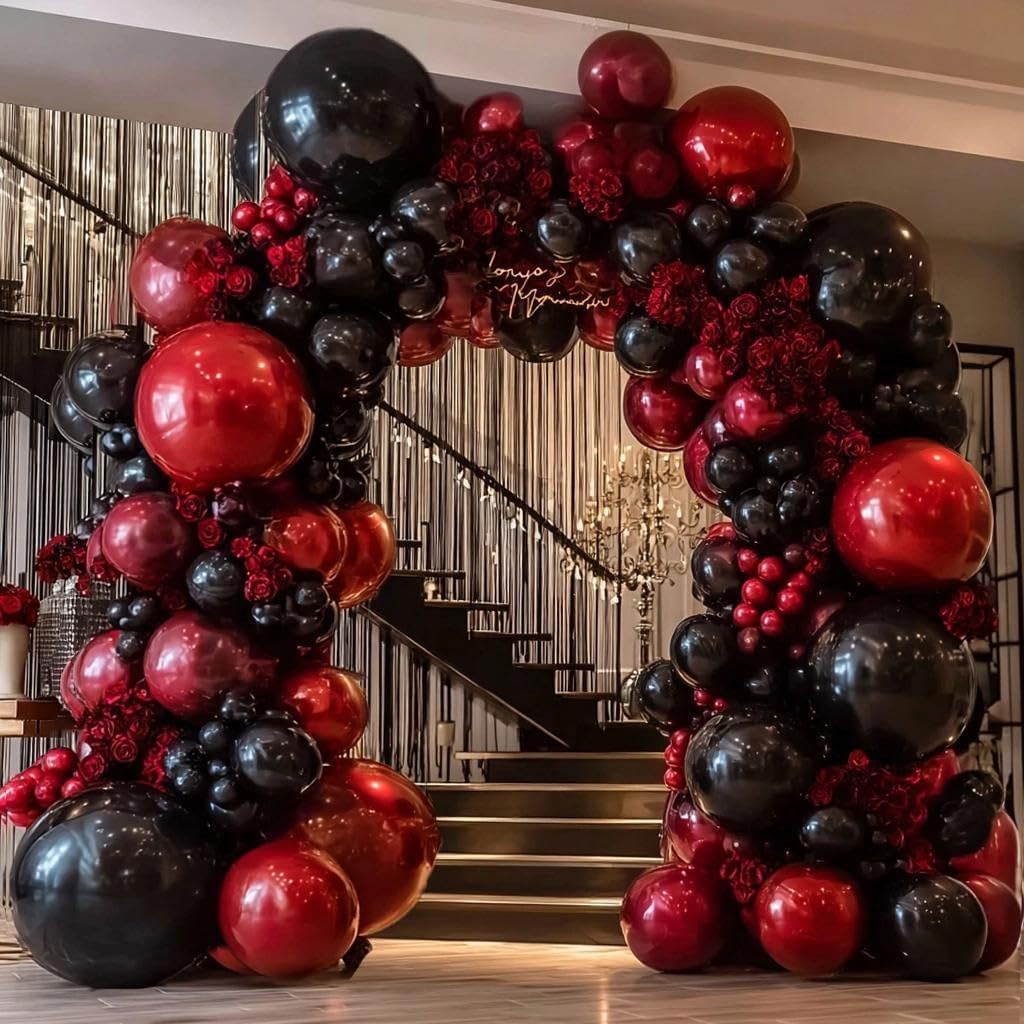 Black Red Balloon Arch Double Stuffed Black Burgundy Maroon Balloons Dark Ruby Red Metallic Balloon Garland Kit for New Year Birthday Wedding Valentines Anniversary Graduation Party Decorations