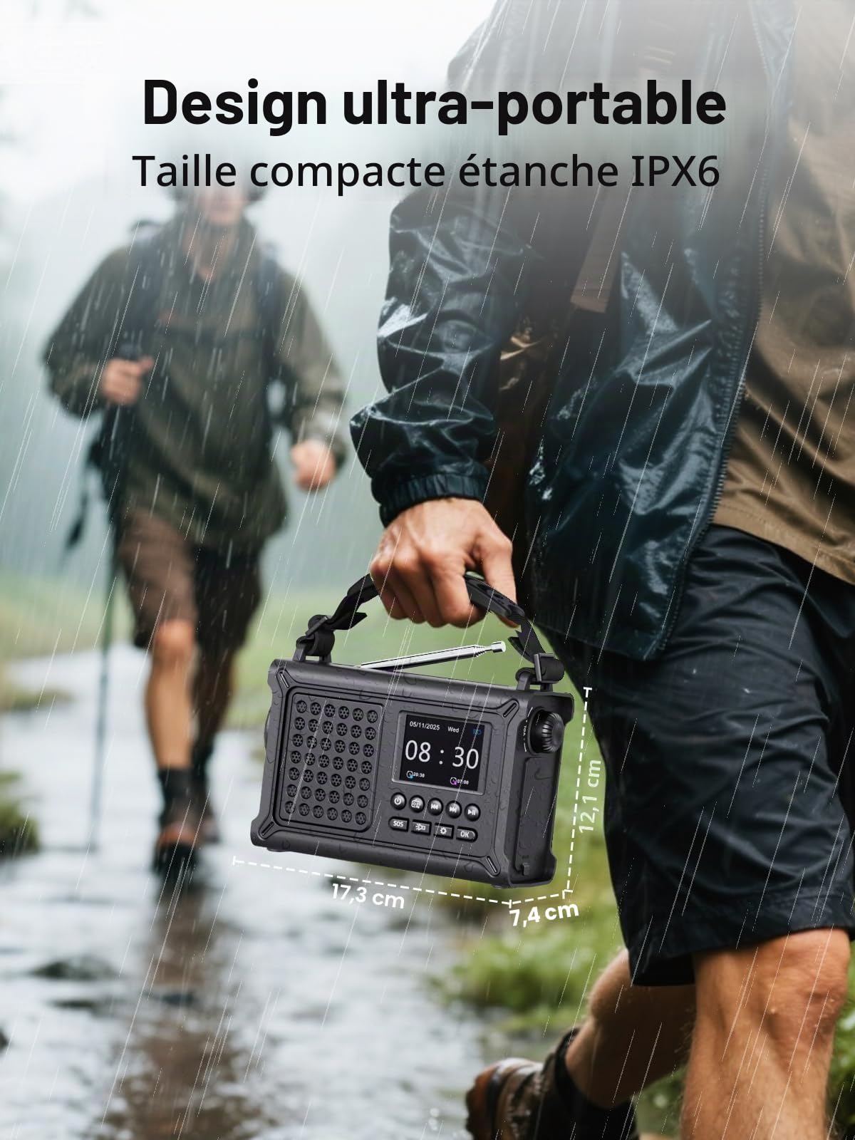 ROCAM Radio d'urgence Dab+/FM avec Bluetooth, Radio Numérique Portable 12000mAh avec Panneau Solaire 8500mm² & Manivelle 650mA, Écran Couleur 2,4", 80 Stations, SOS, Lampe LED, USB, IPX6 pour Camping