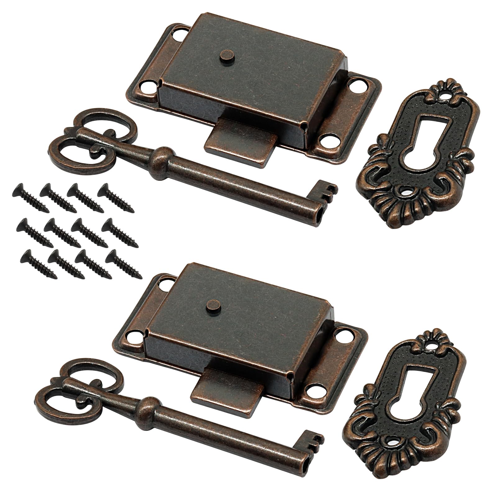 Cjueiom 2 Pcs Red Bronze Skeleton Key Lock Decorative Vintage Style Hardware for Cabinet, Cupboard, Furniture, Chest, Drawer and Box, Includes Keys and Screws