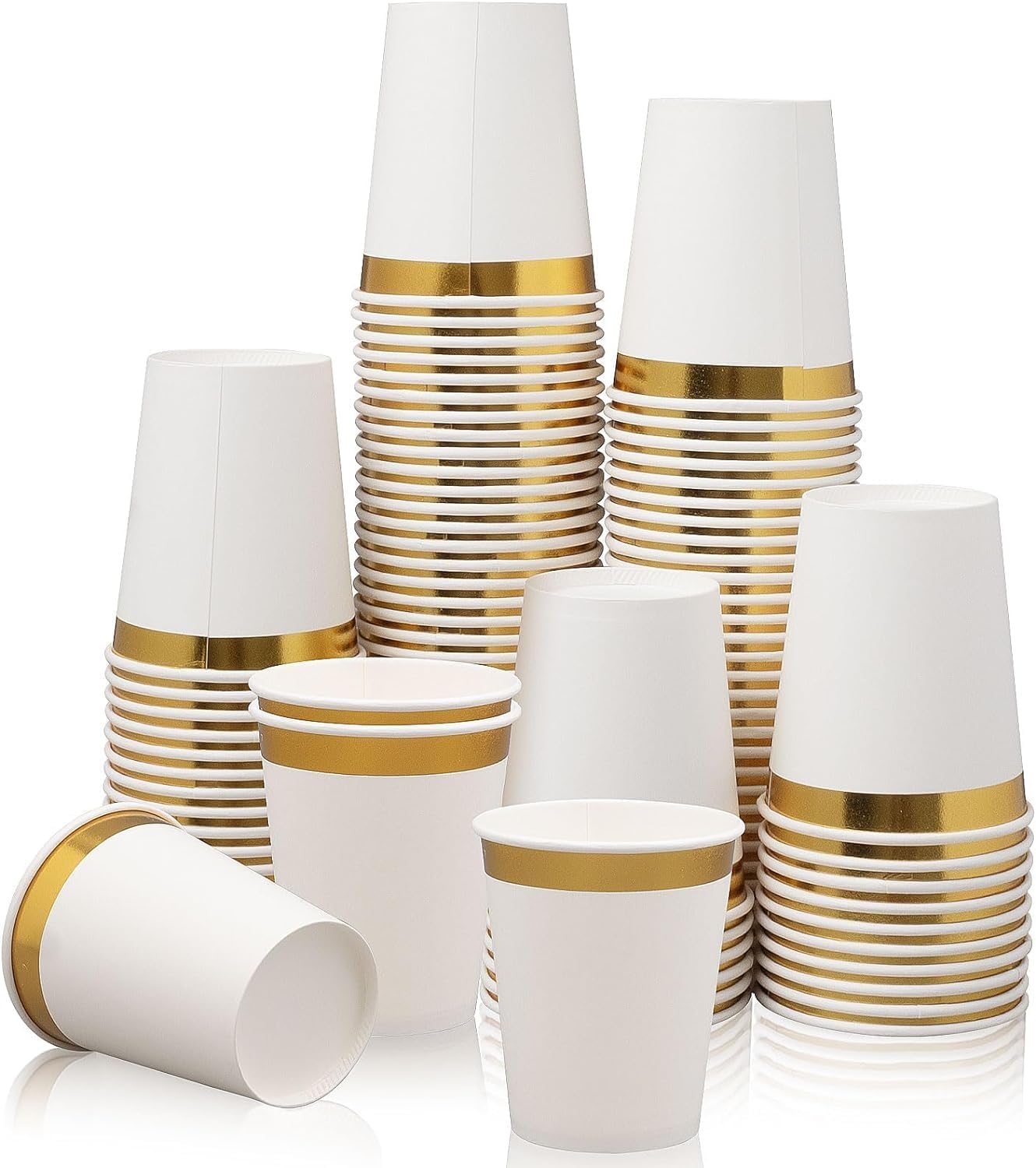 TESIN Pack of 100 Paper Cups with Gold Rim, 9 oz Disposable Paper Cups for Cold and Hot Drinks such as Tea, Coffee, Water, Milk and Juice - Ideal for Parties, Weddings, Birthday Parties and Tableware