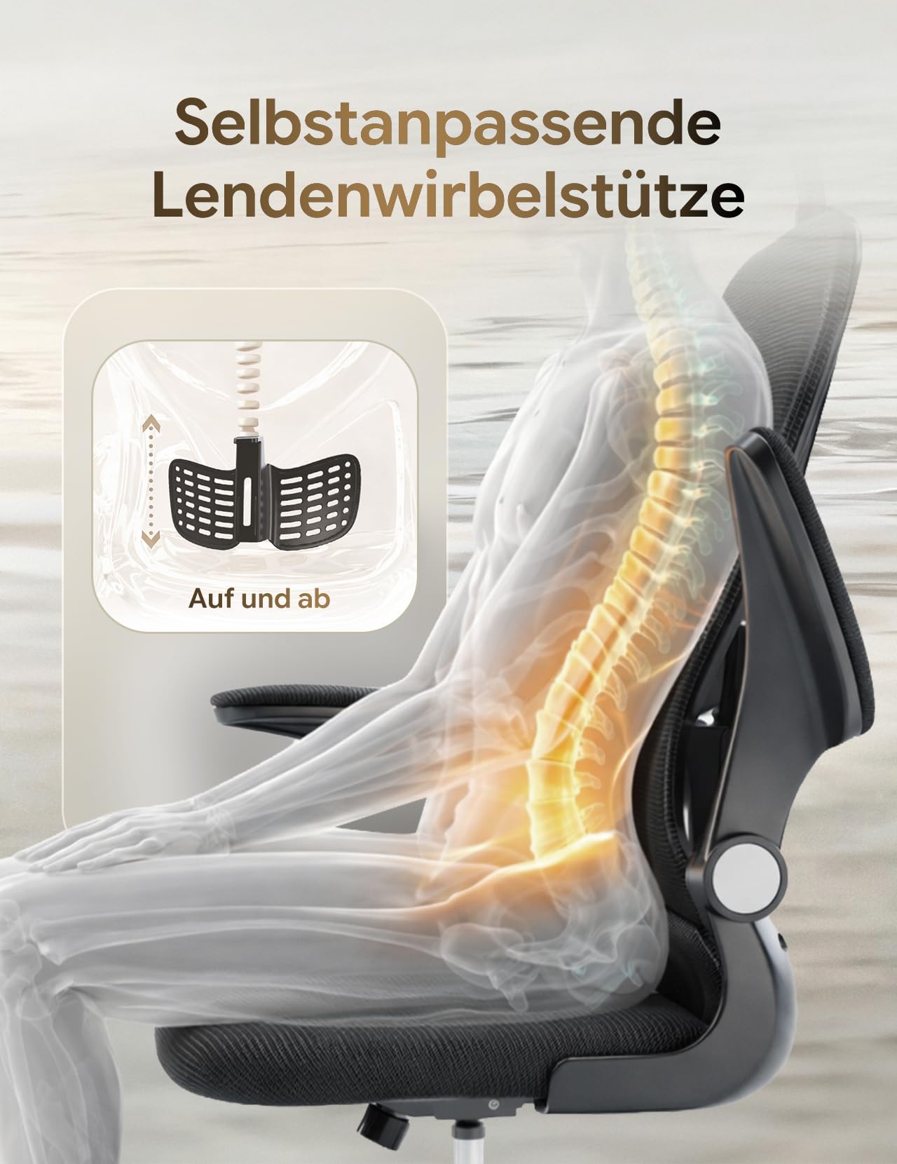 Bürostuhl, ergonomischer Schreibtischstuhl mit Verstellbarer Lendenwirbelstütze und Kopfstütze, Computerstuhl mit hoher Rückenlehne aus Netzgewebe und hochklappbaren Armlehnen