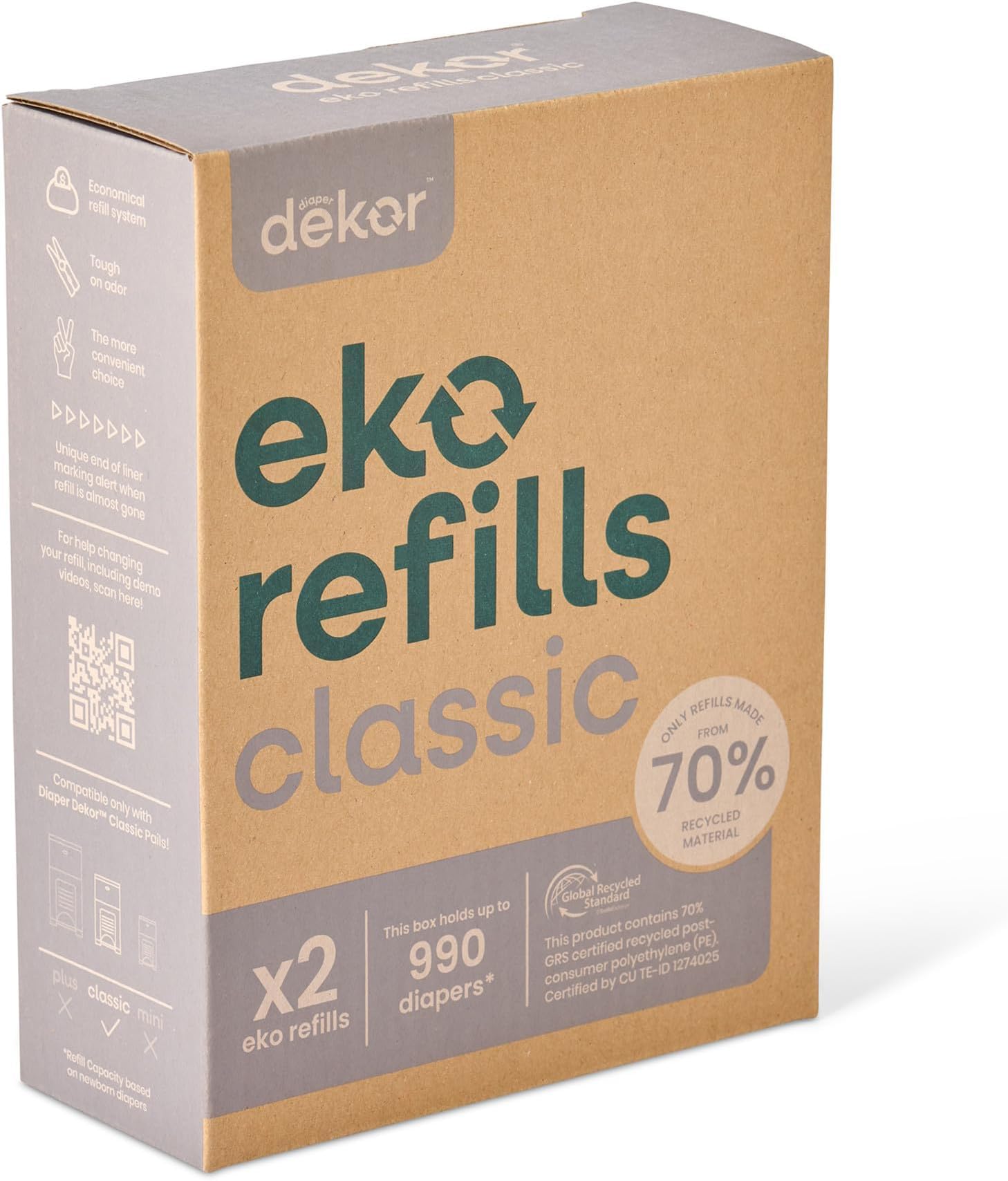 Diaper Dekor CLASSIC Diaper Pail Refills 2 Count Unscented Exclusive End-of-Liner Marking Quick &amp; Easy to Replace Most Economical Refill System for Original and Eko Style Pails (Pack of 12)