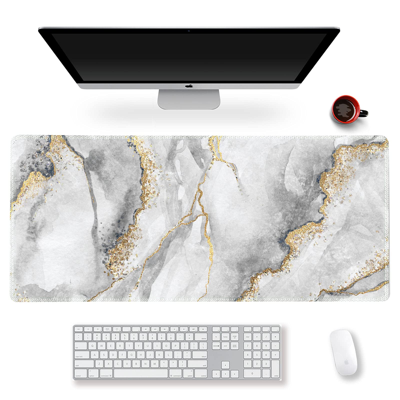 Extended Gaming Mouse Pad XXL ArtSo Large Keyboard Mat Long Mousepad Desk Decor Writing Pad Non Slip Rubber Base Stitched Edges for Work, Game, Office, Home, 35.1" x 15.7", Grey Marble
