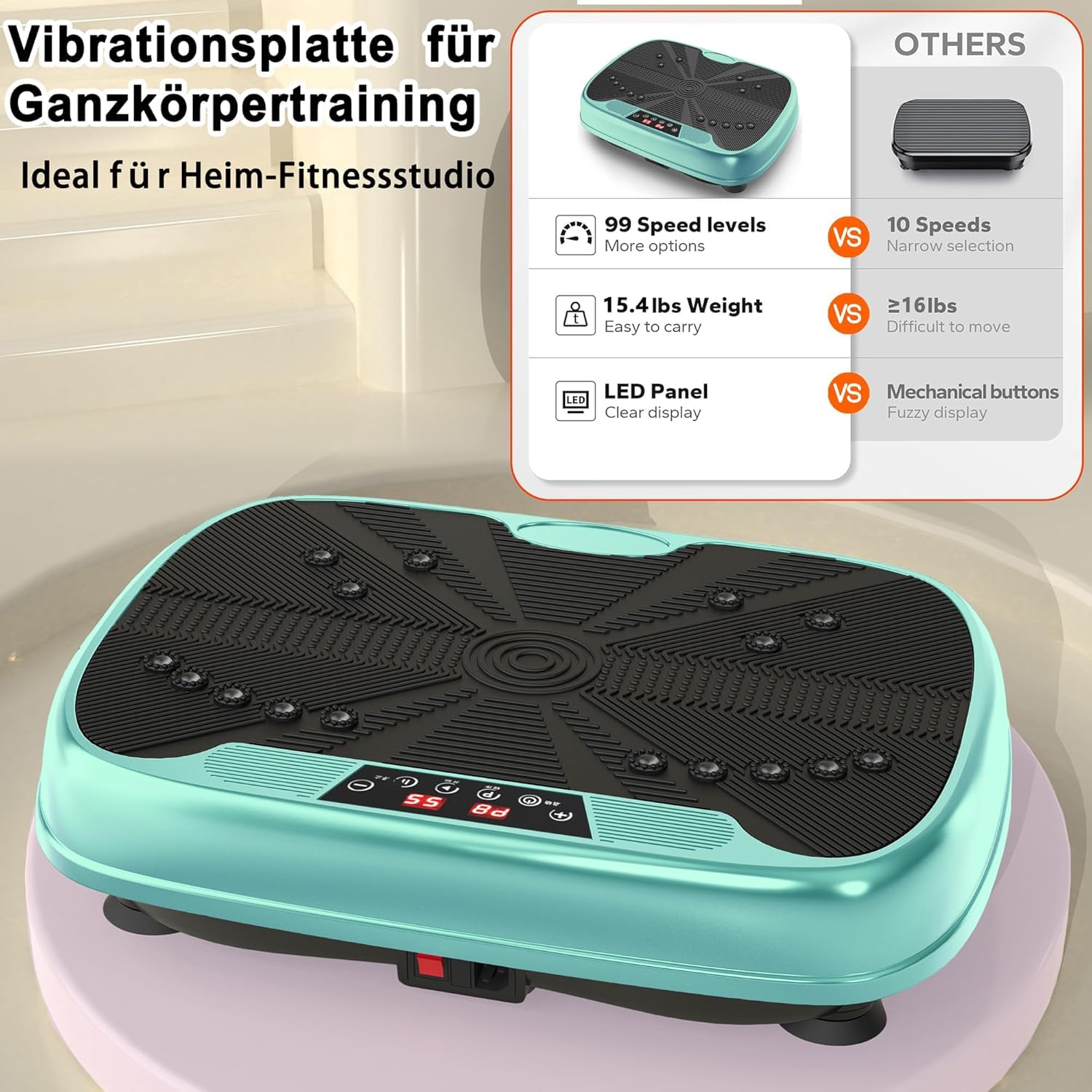 Plataforma vibratoria para el hogar, 99 intensidades de vibración + 10 programas de entrenamiento, dispositivo de entrenamiento de cuerpo completo para el desarrollo muscular y la pérdida de