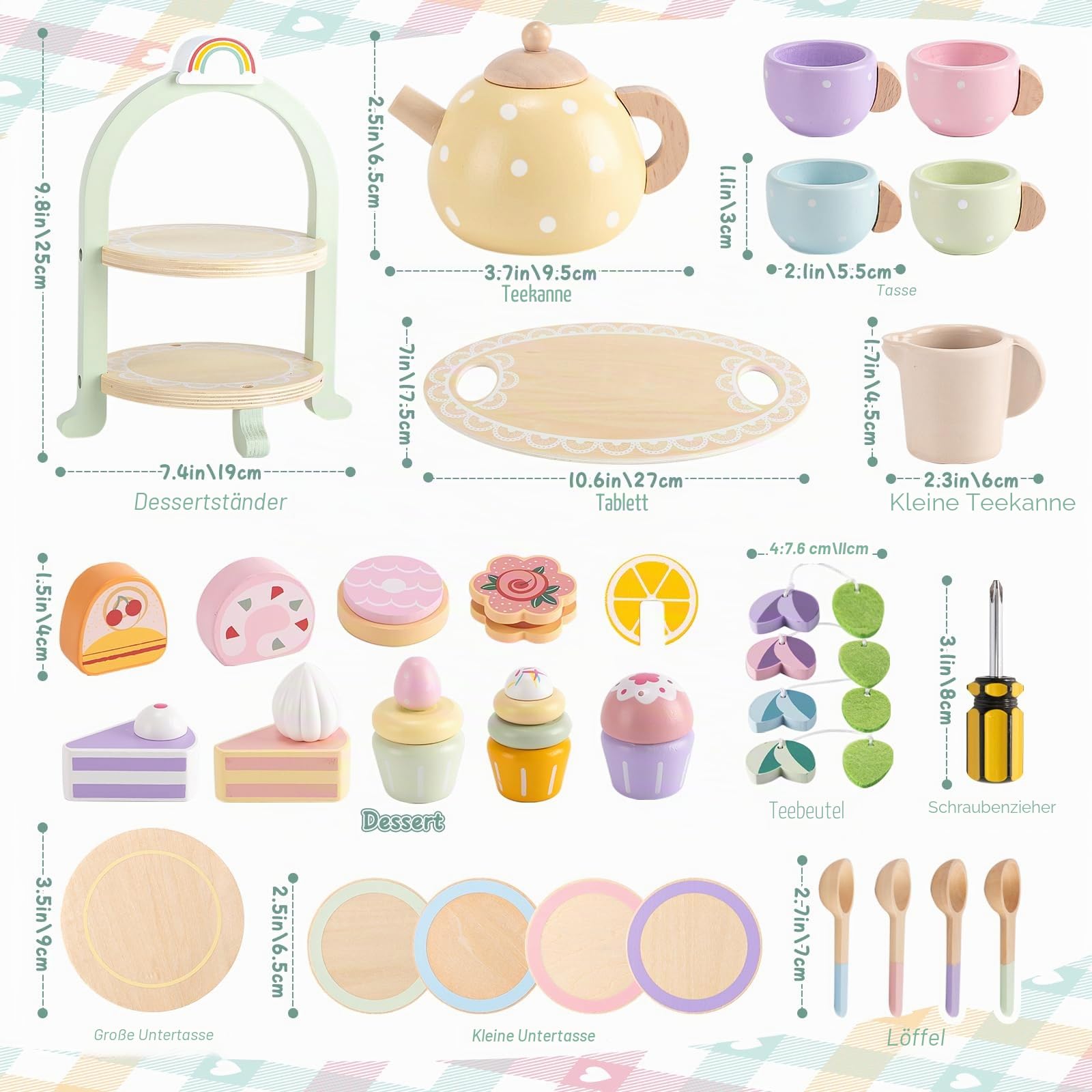 Atoylink Teeservice Kinder Holzspielzeug Kinderküche Zubehör Holz Teeparty Set mit Spielküche Holz Cupcake Ständer Teekanne Teetassen Teeset Rollenspiel Geschenk für Kinder Mädchen 3 4 5 6 7+ Jahre