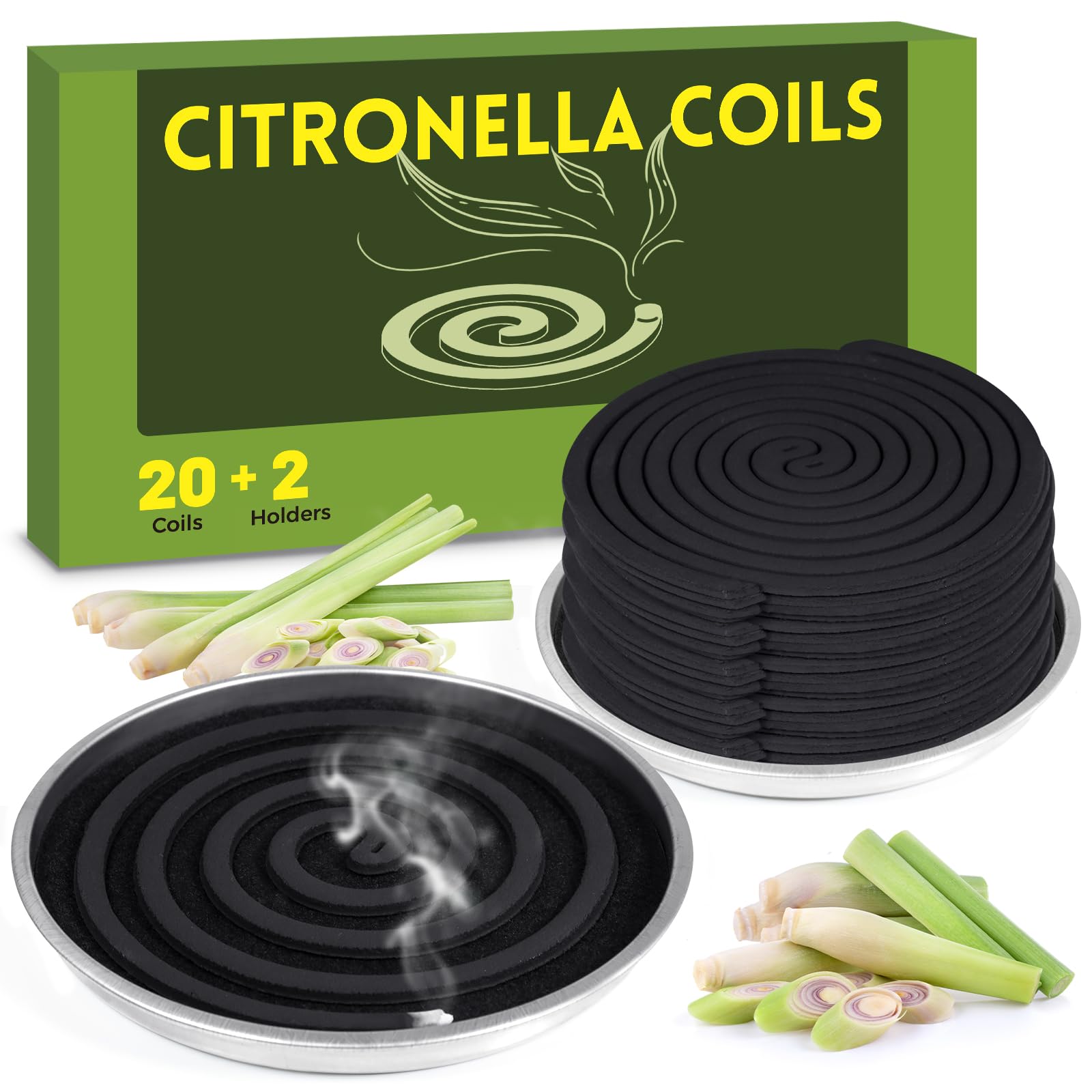 Scent-Hi Citronella Coils, Long-Lasting Lemongrass Scent with Natural Citronella Essential Oil, Citronella Incense Coils for Home, Outdoor, Garden, Camping, 20Pcs