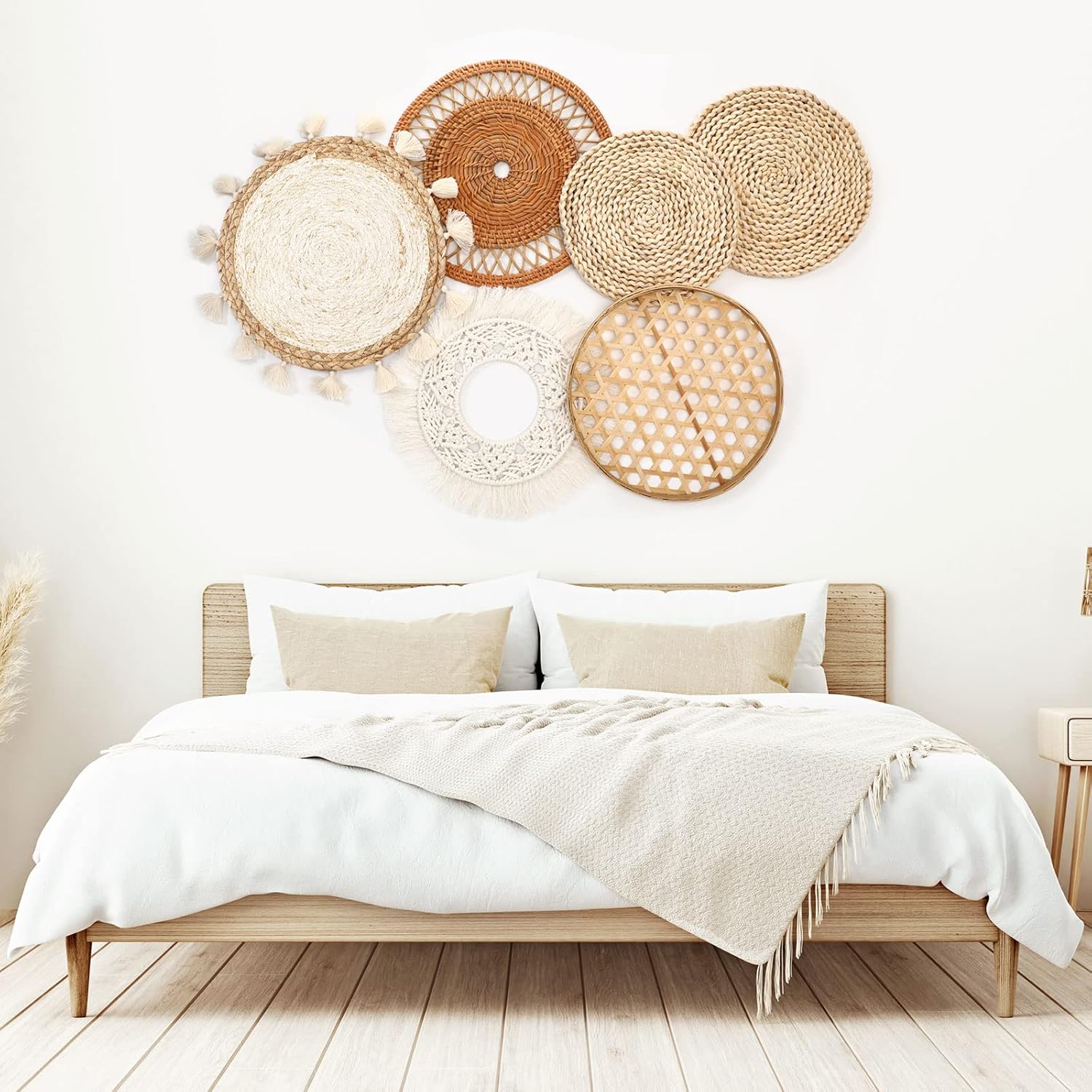 Nuenen Boho Wall Basket Decor Set- Extra Large 8.7 to 15 Inch Boho Macrame Wall Decor Bulrush Woven Round Hanging Tassels Art Decoration for Living Room Headboard Bedroom Home(Classic Style)