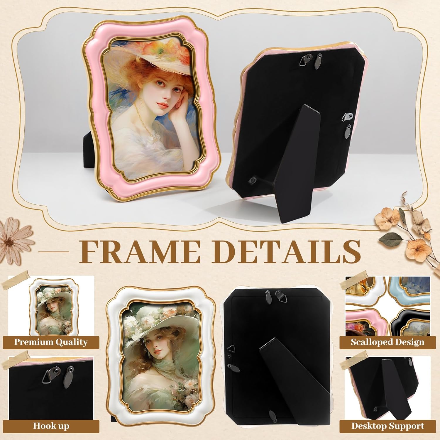 Vicenpal 4 Pcs 5x7 Vintage Picture Frames, Cute Picture Frames Ornate Antique Photo Frame, Retro Photo Border for Desktop Wall Mount Tabletop Vertical or Horizontal Display(Pink,Blue,White,Black