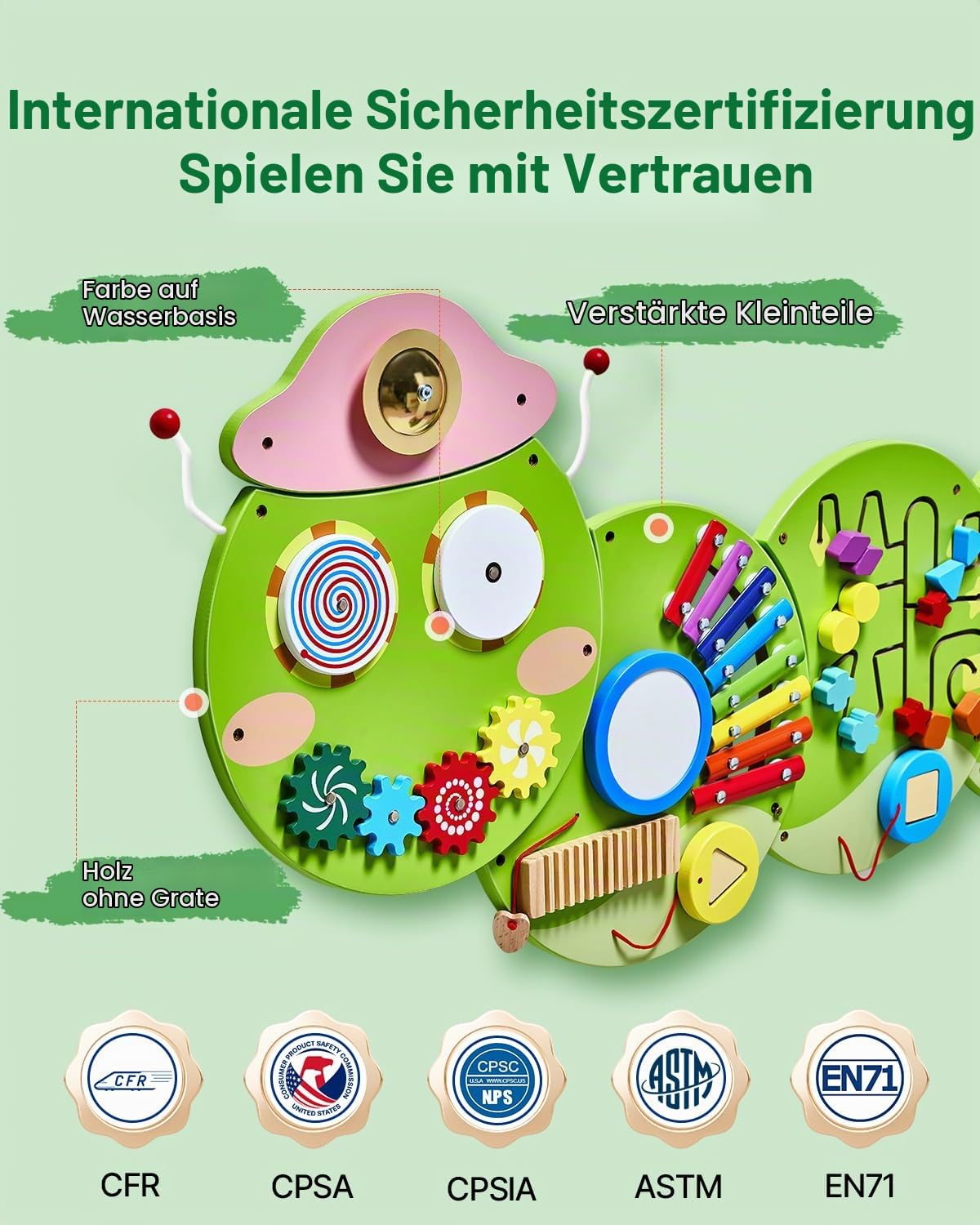 VEVOR 12-in-1 Montessori Busy Board, Montessori Motorikbrett für Bildung Frühe Entwicklung, Sensorisches Wandpaneel aus Holz für Kinder von 3-12 Jahren, Raupe-Wandspiel für Kindergarten Spielzimmer