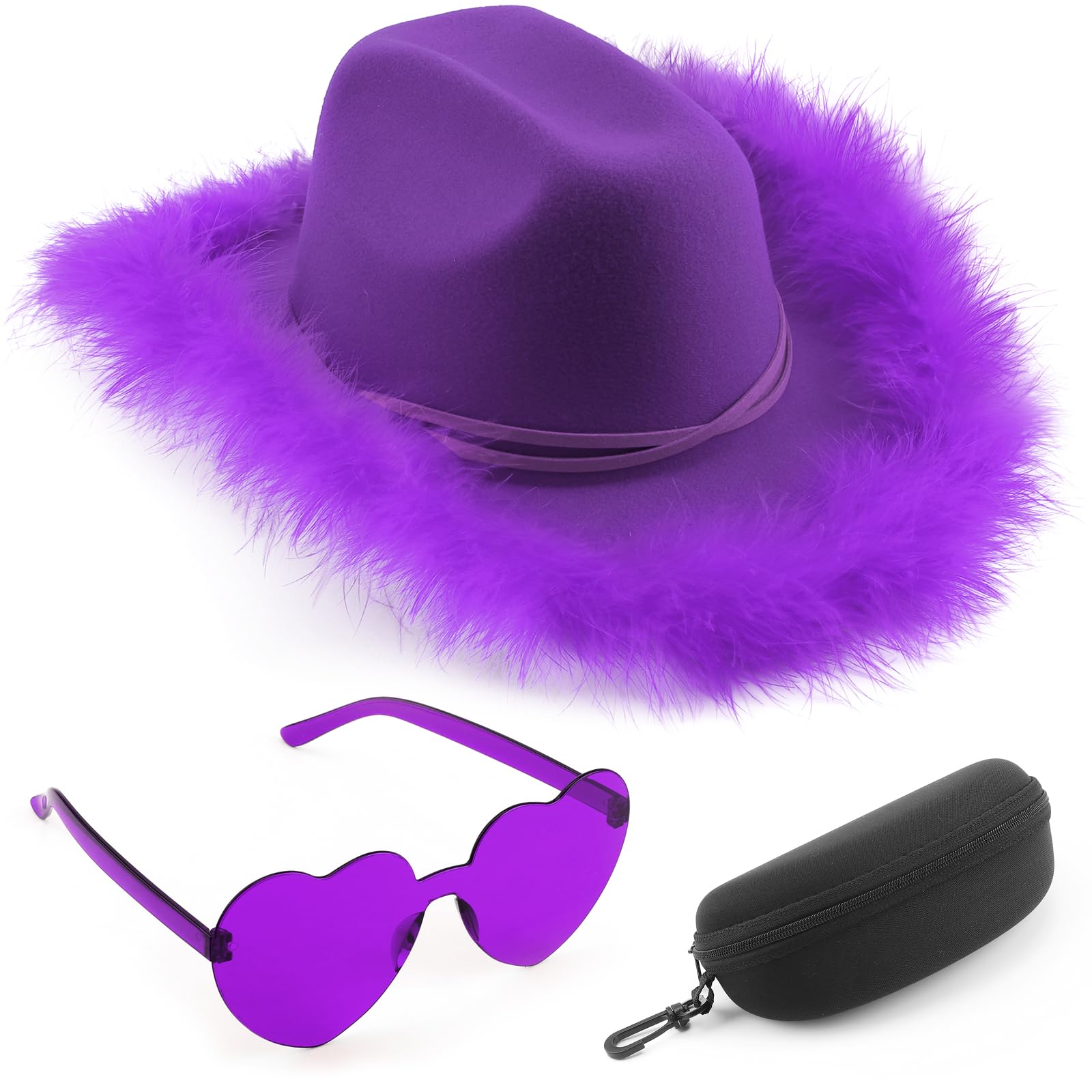 DRESHOW Sombrero de Vaquero Mujer con ala de Plumas Sombrero de Vaquera con Gafas de Sol en Forma de Corazón Western Sombreros de Vaquero de Fieltro para Vaquera Vestir Disfraz de Halloween