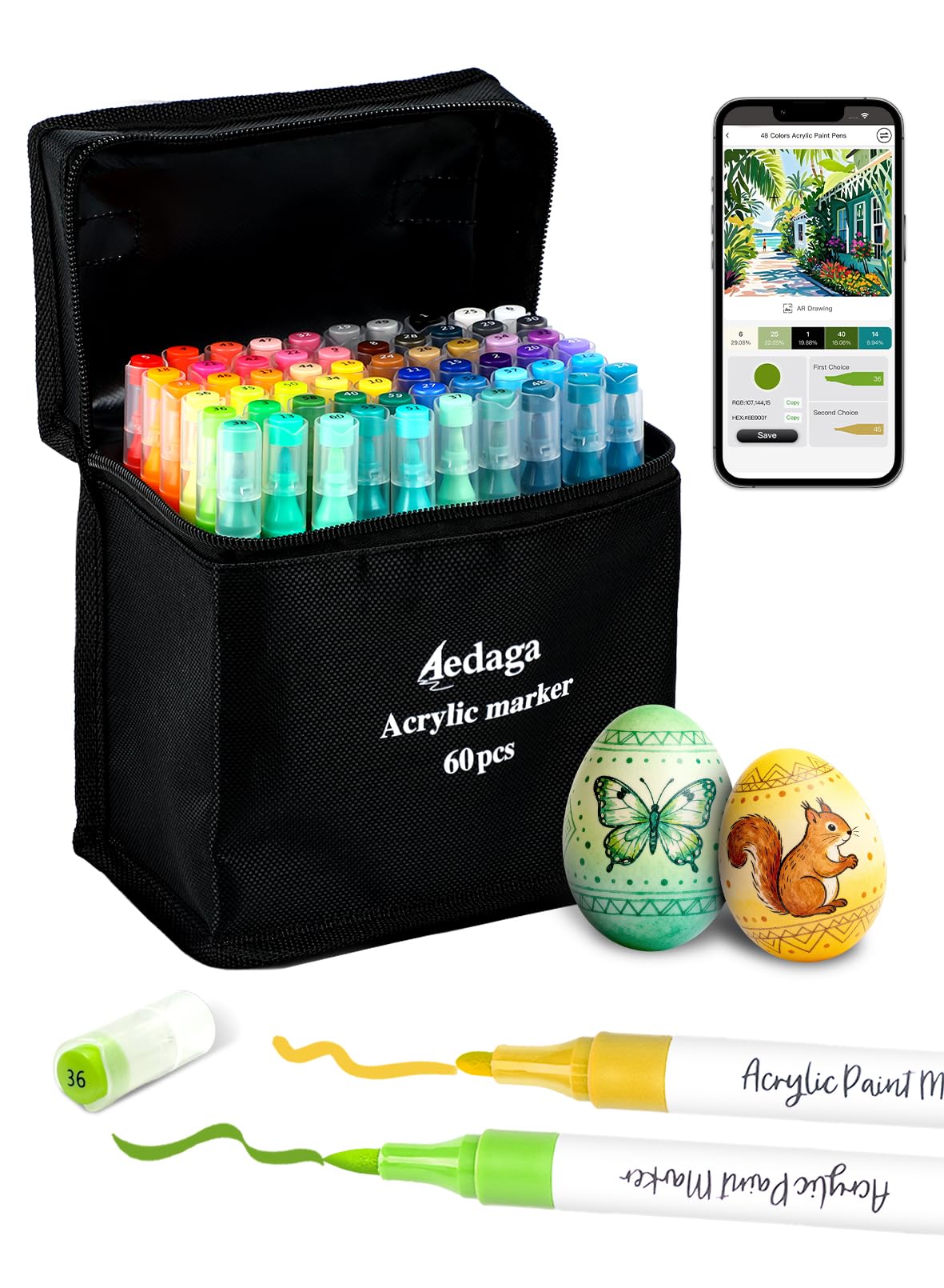 Set of 60 Numbered Acrylic Markers with Application, Acrylic Markers with Dual Tips (Fine and Brush), Acrylic Pencils for Stones Water Resistant, Acrylic Markers for Adults