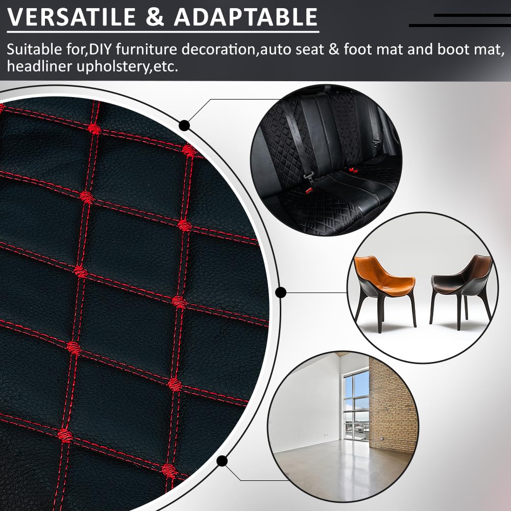 MAYJOYDIY Tissu en Mousse Matelassée de 2 m Similicuir Motif Losanges de 155cm avec Coutures Rouges pour Intérieur de Voiture Meubles et Ameublement (Noir)