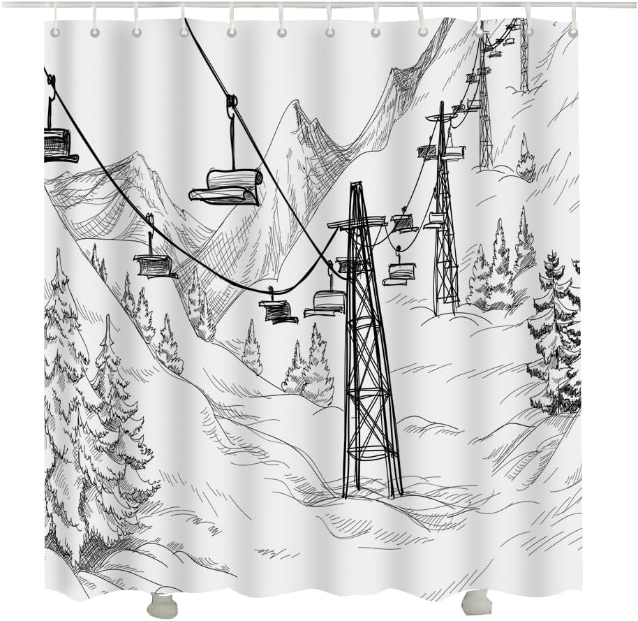 Mountain Ski Lift Shower Curtain Sketch White Wintertime Snow Landscape Resort Shower Curtain with Hooks Bathroom Decorative Accessories 72 x 72 inch