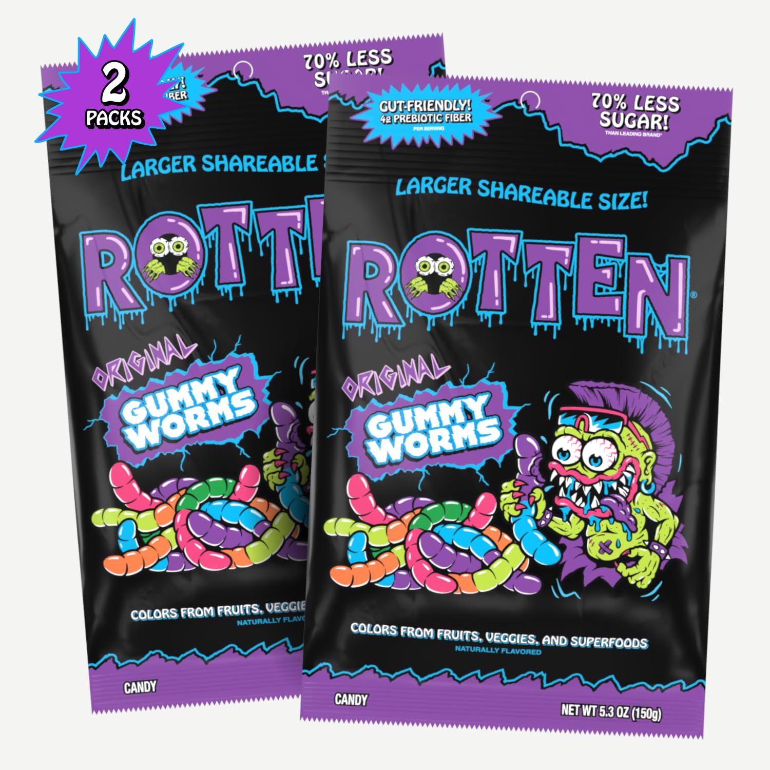 Rotten Original Gummy Worms - Low Sugar, Low Calorie, 7g Gut-Friendly Prebiotic Fiber and 3g Protein, Gluten Free Candy - 5.3 oz Share Pack [2 Pack]