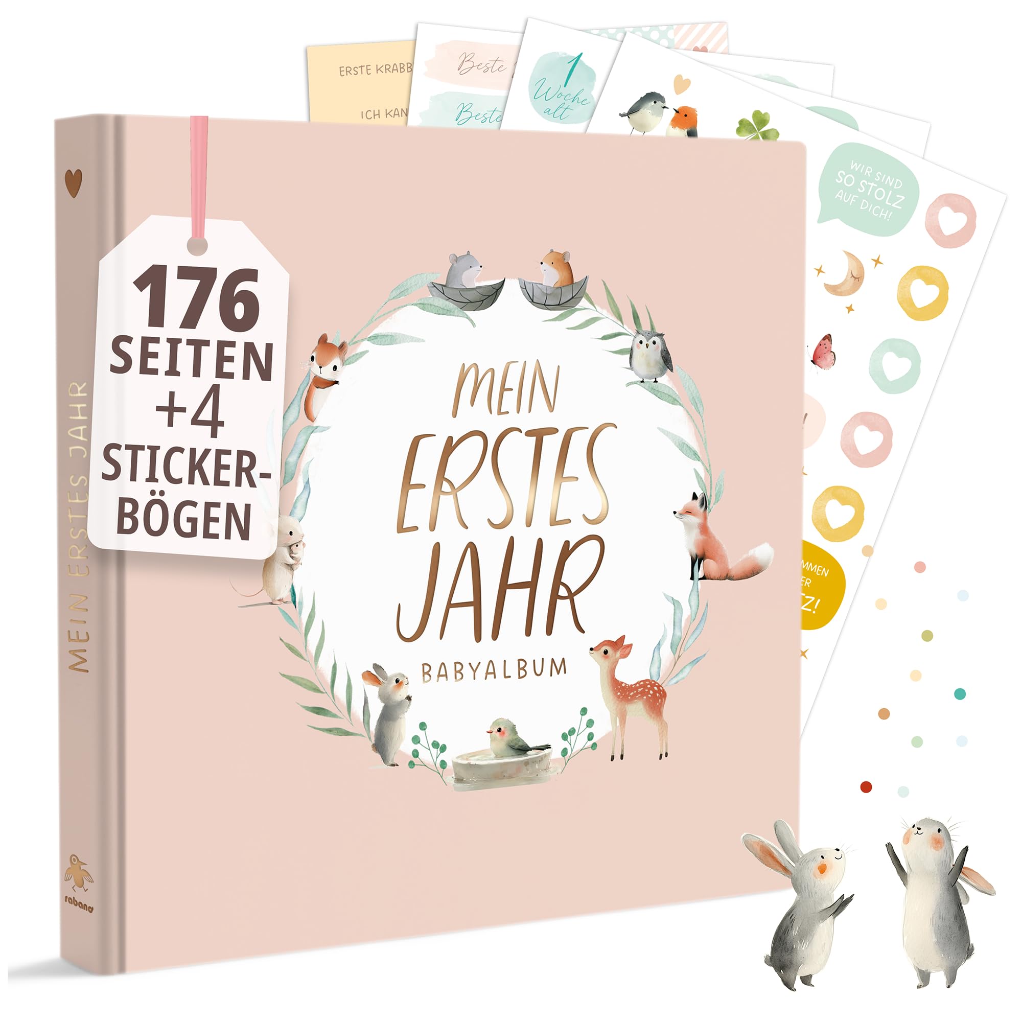 Mein erstes Jahr Babyalbum + Stickerset I PREMIUM Baby Fotoalbum mit Goldprägung I 176 Seiten zum Ausfüllen I Baby Geschenk für Mädchen und Junge I Geschenk zur Geburt & Babyparty (Rosa)