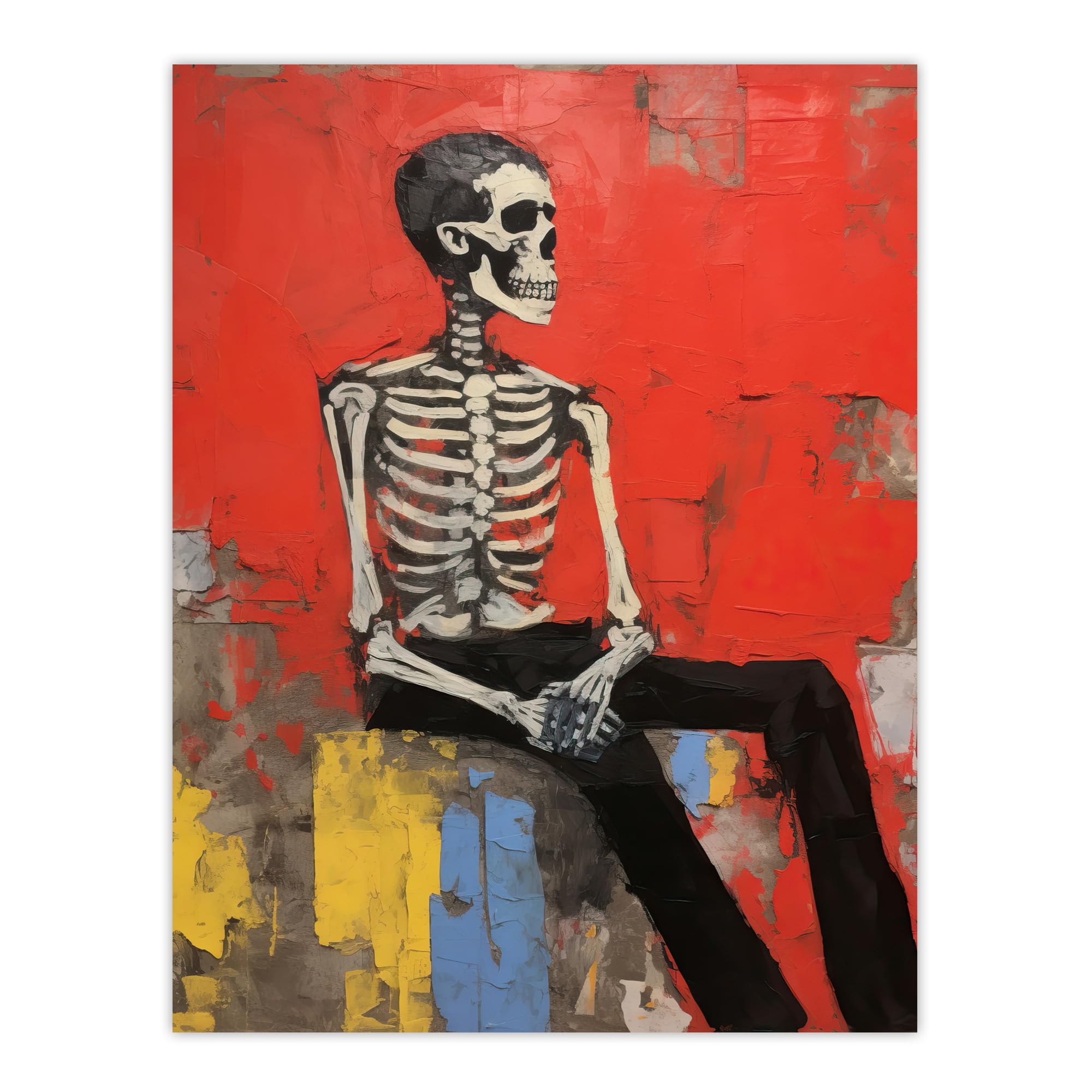 The Thinker Posed Skeleton Oil Painting Portrait Print Poster - Ryan Ramirez - Red Bones Halloween - Unframed Wall Art - Home Decor