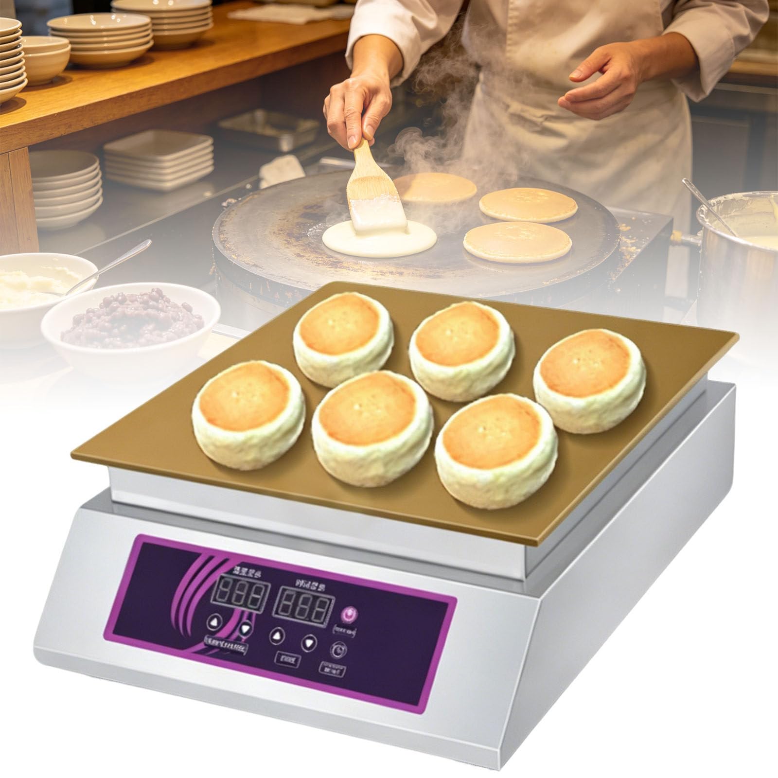 Ymnogjie Commercial Pancake Maker,Non Stick Souffle Machine with Temperature Control,Electric Muffin Maker,Stainless Steel,Ideal for Home Kitchen,Restaurant,Snack Bar SingleHead