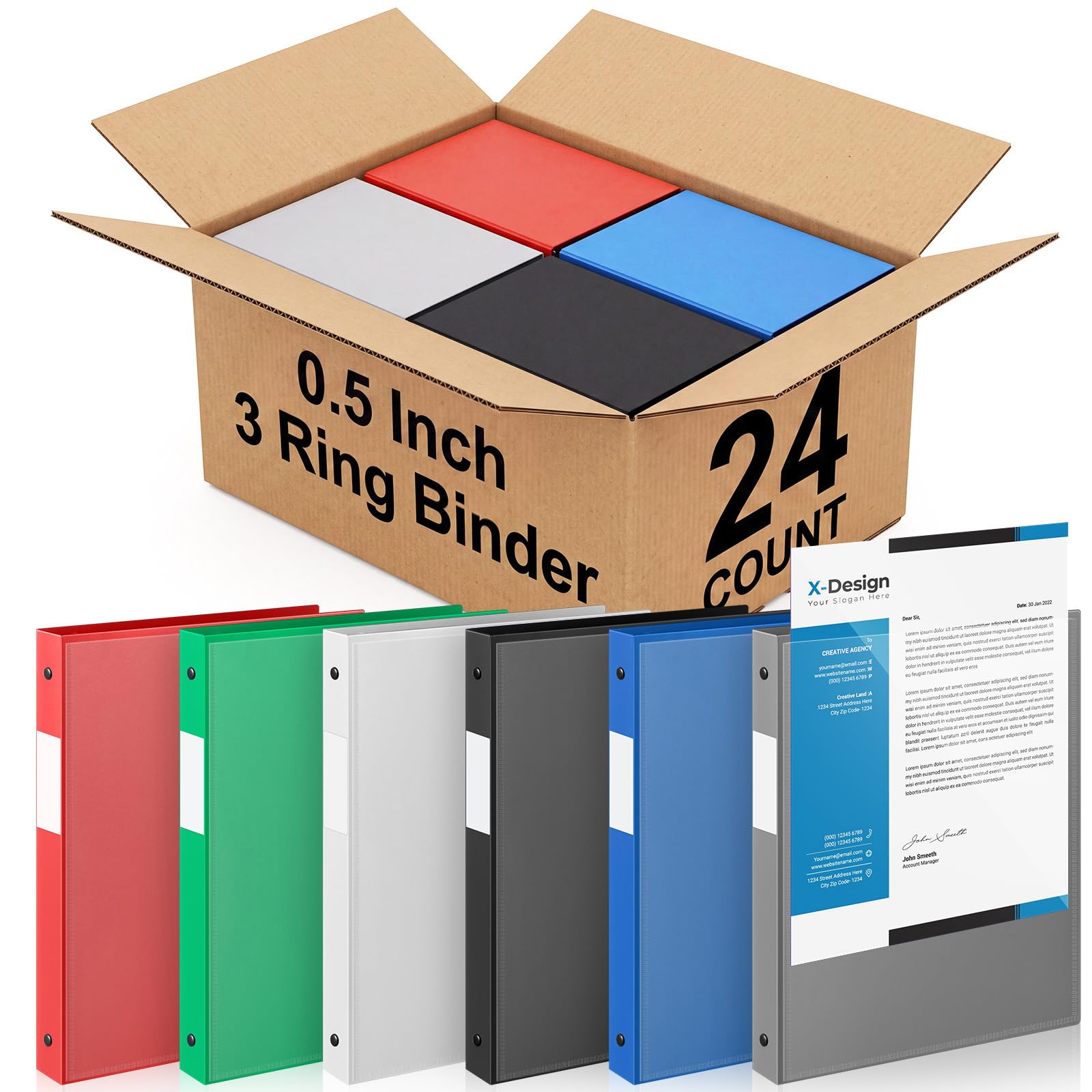 Henoyso 24 Pack 1/2 Inch 3 Ring Binder with Clear Cover Fit Letter Size 8.5" x 11" Paper Holds 140 Sheets, Bulk Binders for Organizing School, Office &amp; Classroom Documents, 1 Pocket (Classic Colors)