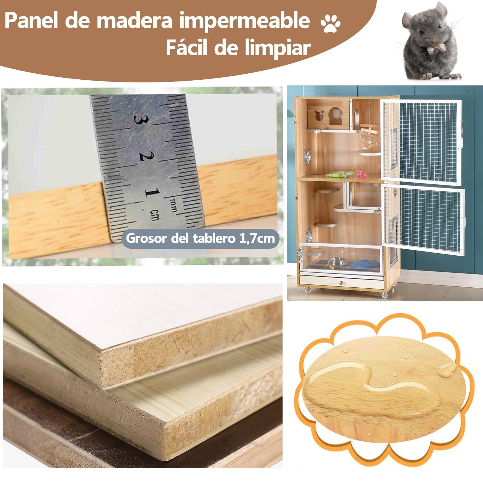 Jaula para Chinchilla, Jaula para Animales Pequeños, Jaula Caseta Madera Hámster Roedores con Puertas Delanteras/Tazón De Comida/Botella De Agua/Bandejas Deslizables/Ruedas Giratorias(60 * 40 * 80cm)