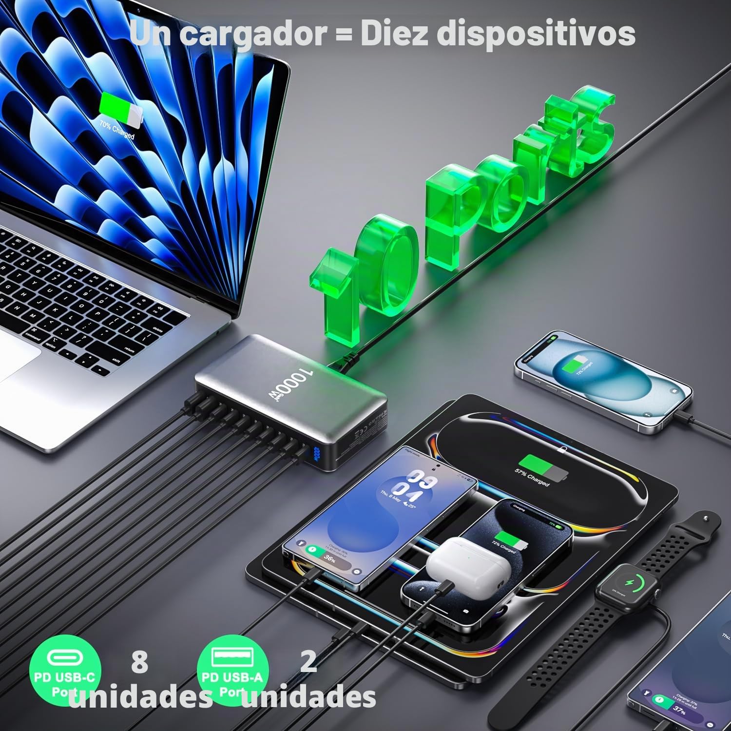 Cargador múltiple USB C de 1000 W, 10 puertos GaN USBC, estación de carga con puerto de salida de 140 W y 100 W, para MacBook Pro/Air, Lenovo, HP, portátil, escritorio USB, cargador rápido para iPhone