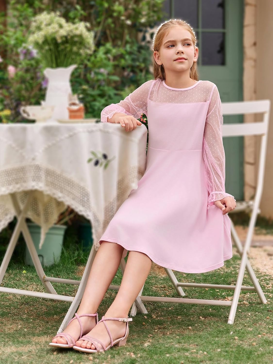 Haloumoning Girls Contrast Mesh Long Sleeve High Waist A Line Short Dress with Pockets 4-14 Years - Image 8