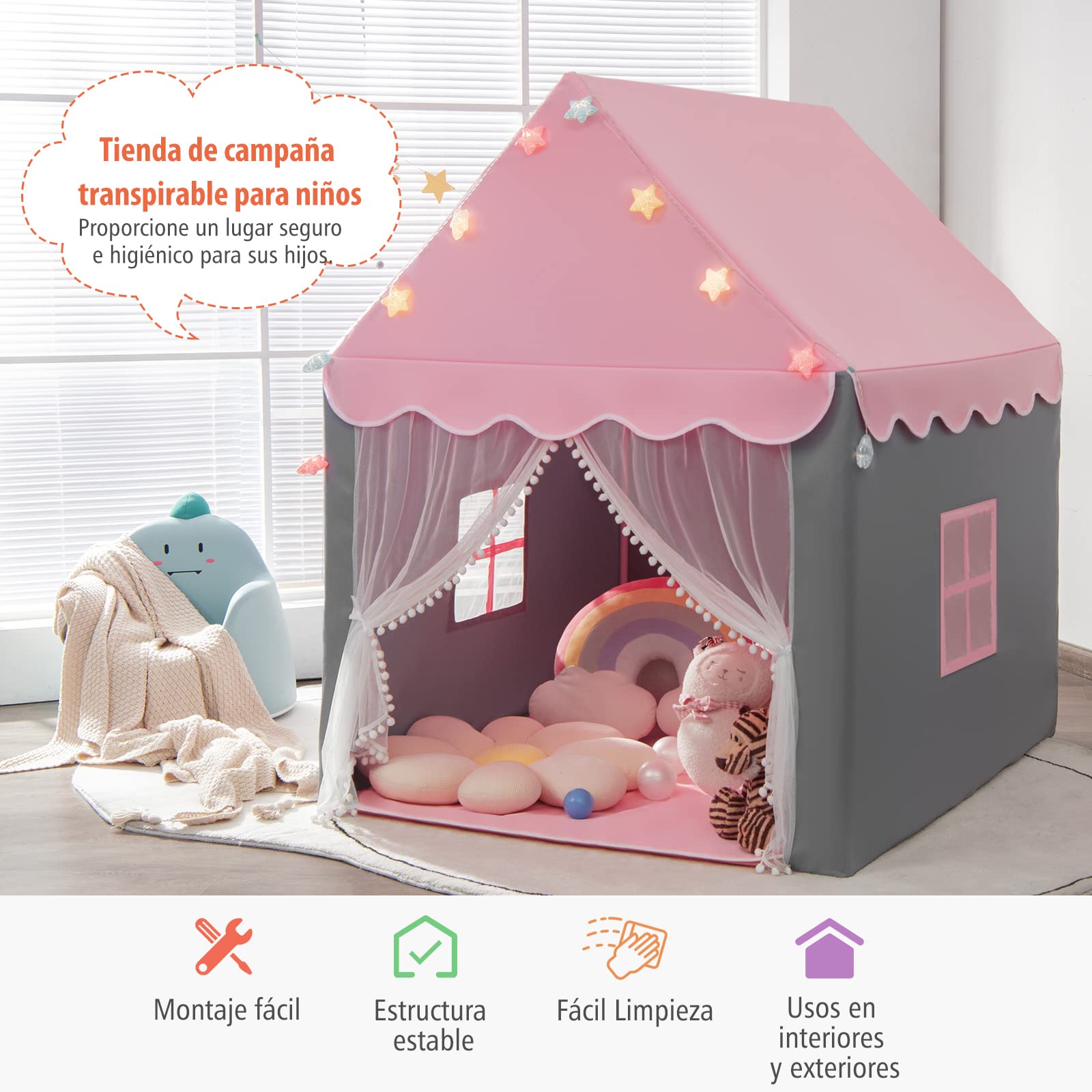 COSTWAY Carpa para Niños con Colchoneta Lavable, Luces de Estrella, Ventanas, Cremalleras Inferiores, Carpa Castillo de Hadas, Casa de Juegos, Tienda Infantil de Campaña para Niños y Niñas (Rosa)
