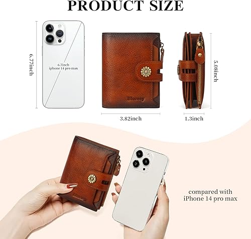 Miniatura 4 de Cartera de cuero con doble pliegue para mujer, bloqueo RFID, tarjetero compacto, cartera pequeña con ventana para identificación extraíble, A1-