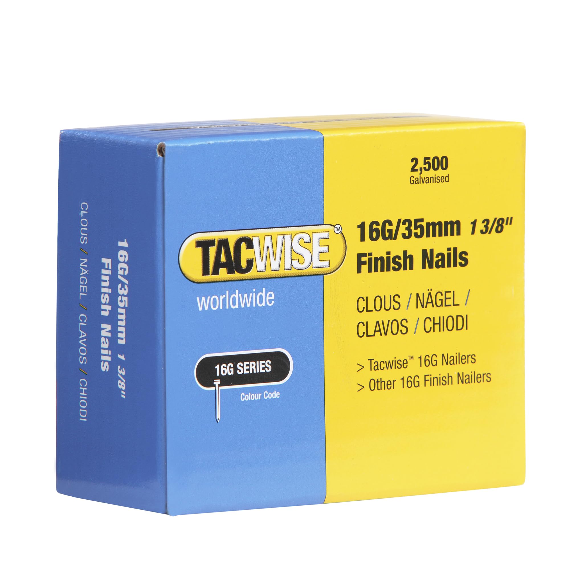 Tacwise 295 16G Finish 35mm Straight Brad Nails for Nail Gun (2500 box), Silver