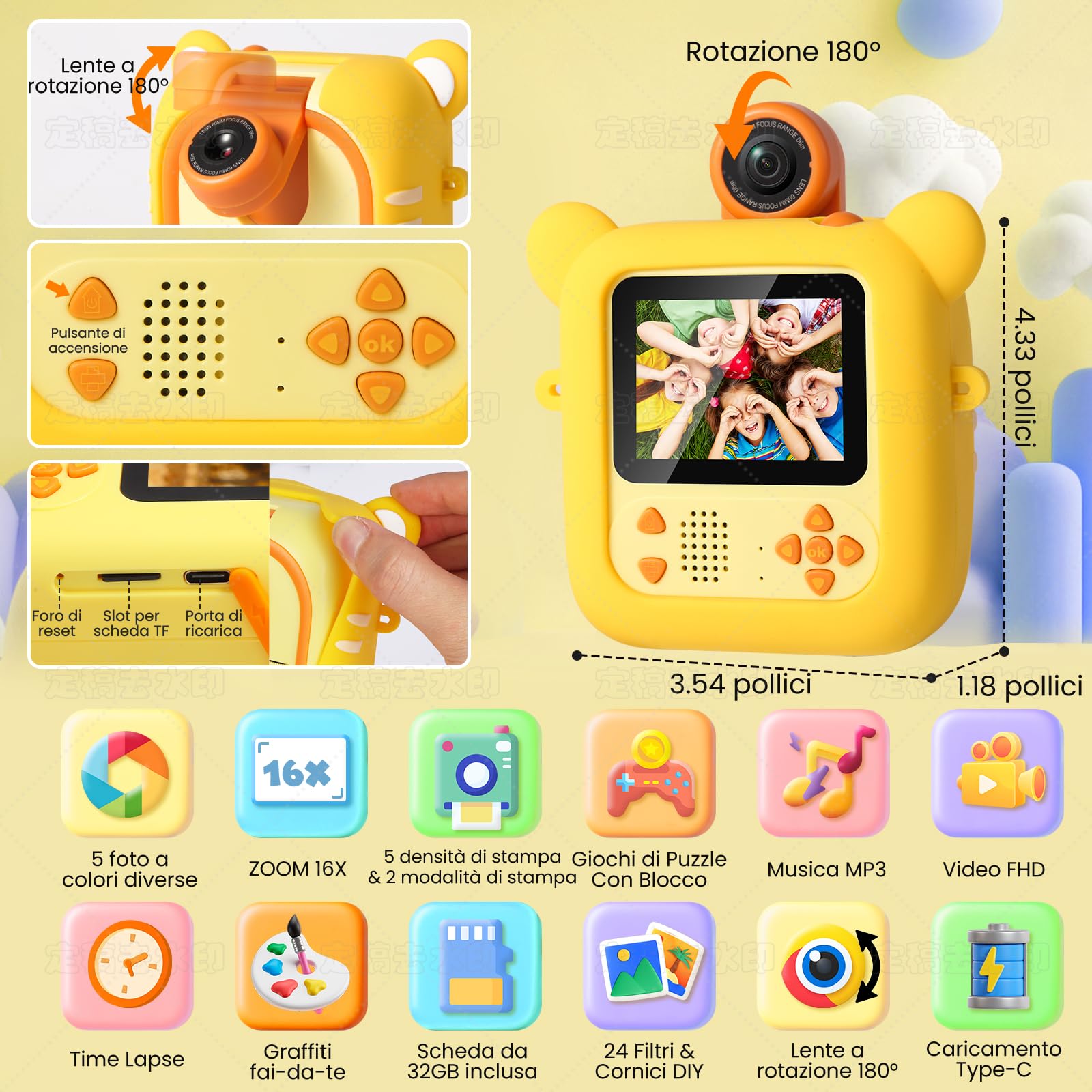 ARNSSIEN Macchina Fotografica Bambini Istantanea e 7 Rotoli Carta (4 Col: O/R/V/B+3 B&N)-2,4”Fotocamera istantanea con 32GB, 180 °Flip Obiettivo, Regalo di Natale e Compleanno per Bambini per 3-12,M2