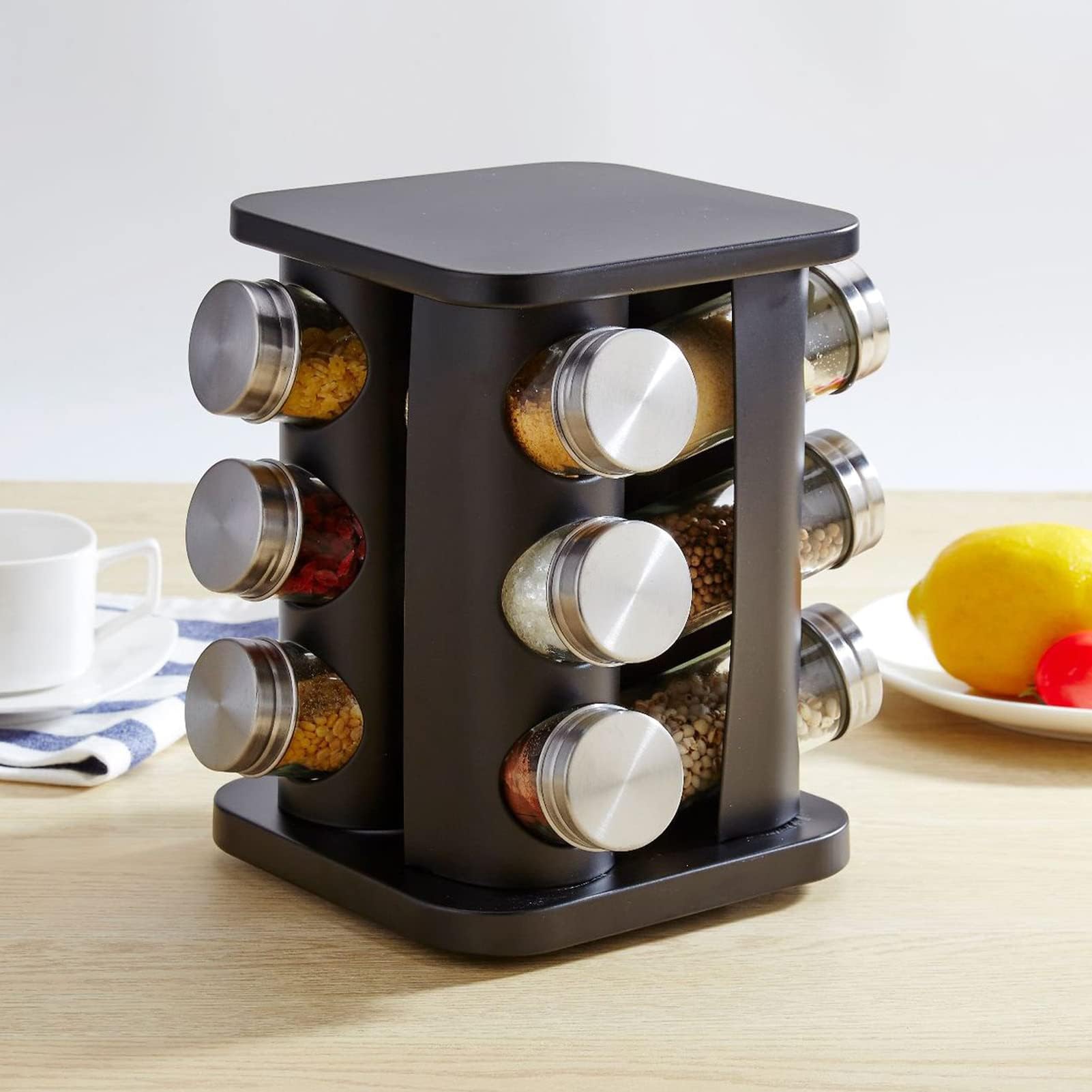Especiero Giratorio, Especiero Duradero De Acero Inoxidable, Base Estable Conveniente Hermoso Carrusel De Especiero, Para Encimera, Cocina(Negro)