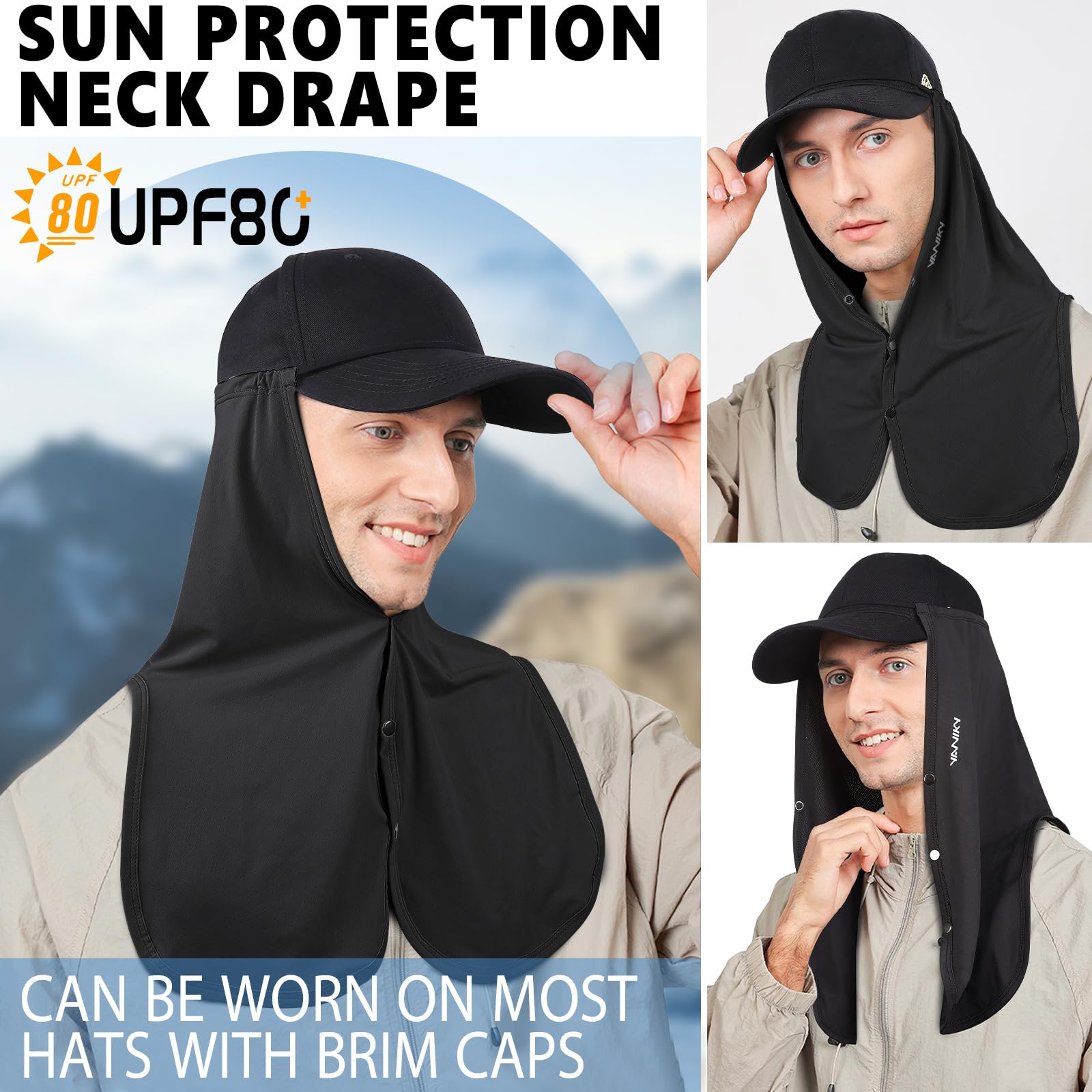 YANIKY Sombrero de sol ajustable UV, protección para el cuello, 2 en 1, protección solar, transpirable, protección UV, como accesorio para gorra de base, ideal para actividades al aire libre de verano
