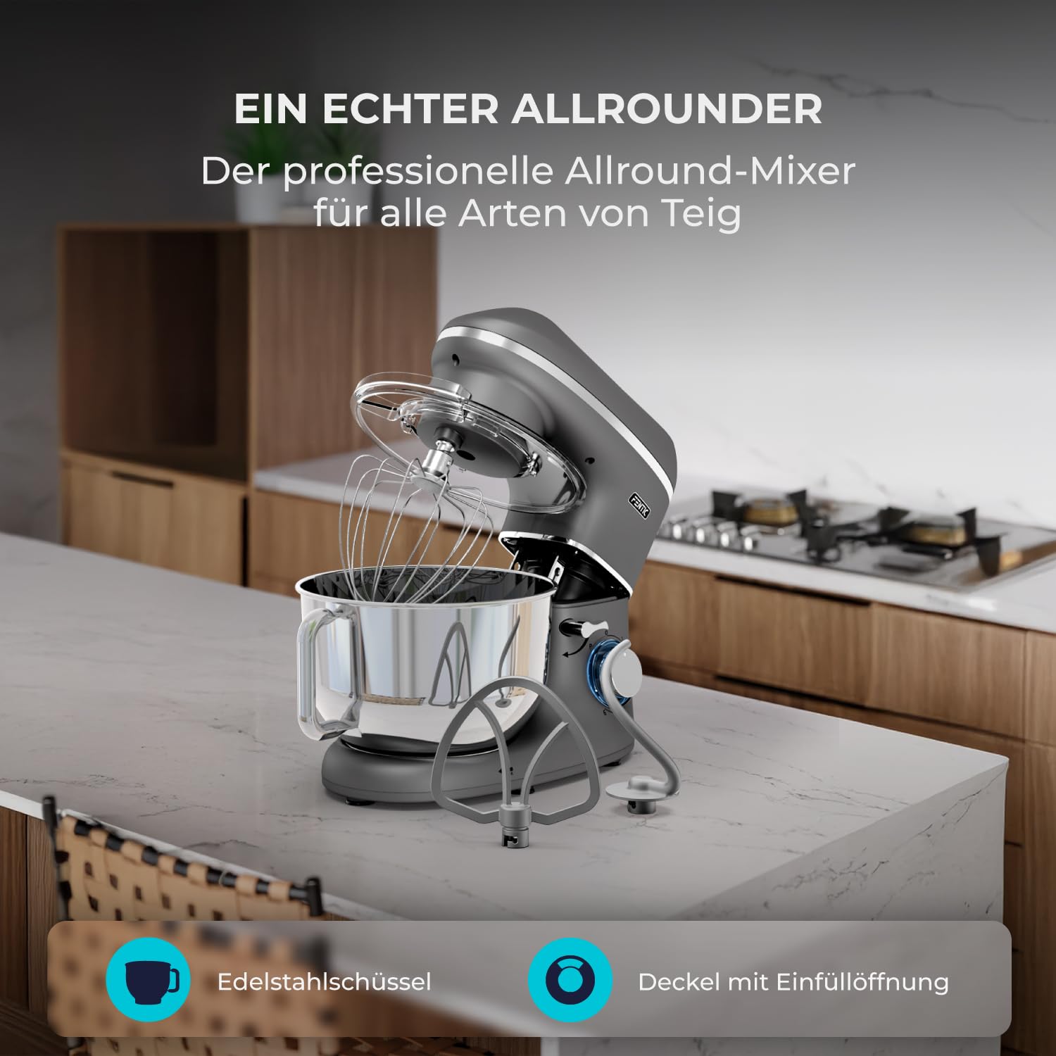 Küchenmaschine - 2000W - Edelstahl Rührschüssel (6,2 L) - Knetmaschine mit Rührhaken, Knethaken, Schlagbesen und Spritzschutz - Inkl. zusätzlichem Zubehör - Anthrazit