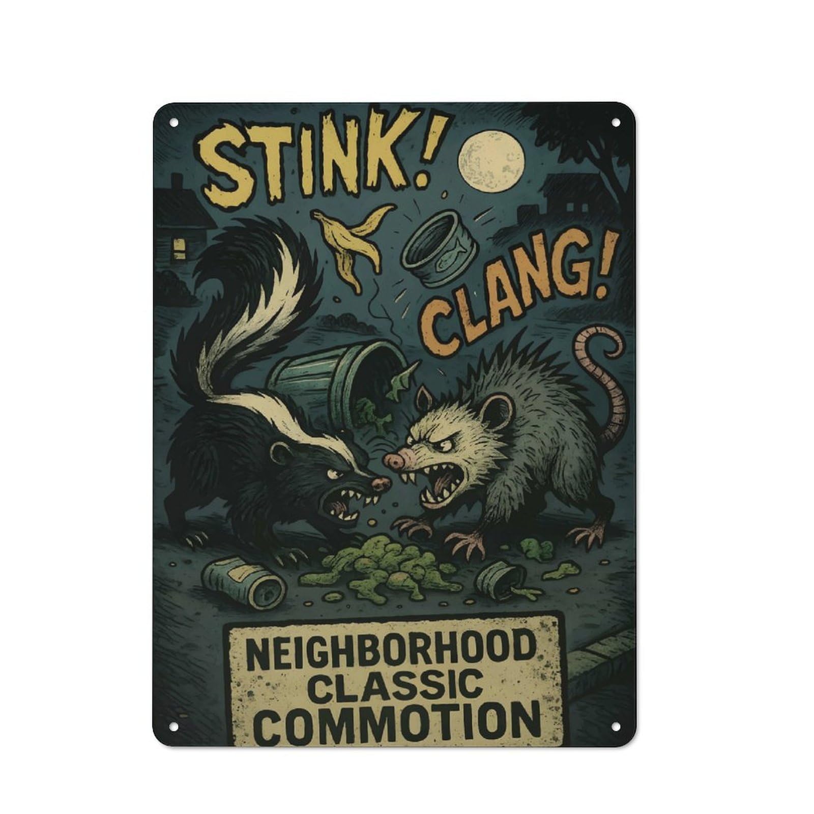 Junmoney Neighborhood Classic Commotion Skunk Vs. Opos Sum Decorative Metal Wall Decor 40X30cm, Vintage Metal Sign For Hallway, Home Bar, Garage Or Study
