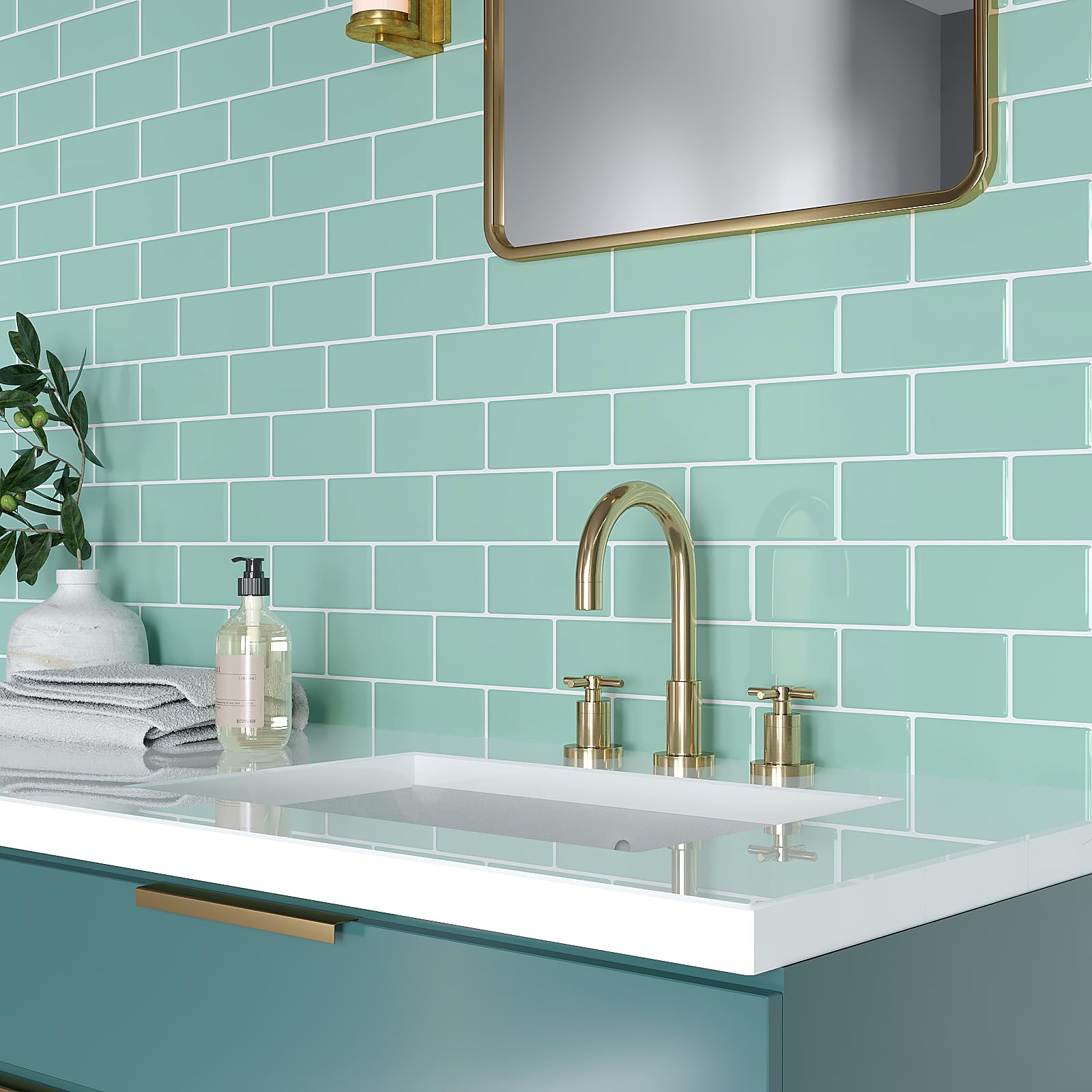 VEELIKE Azulejos Adhesivos 3D Para Baño Y Cocina Baldosas Adhesivas Pared Cocina Rectángulos Verde Menta Vinilos Para Pared Pegatinas De Baldosas 30.5cm×30.5cm 24 Piezas