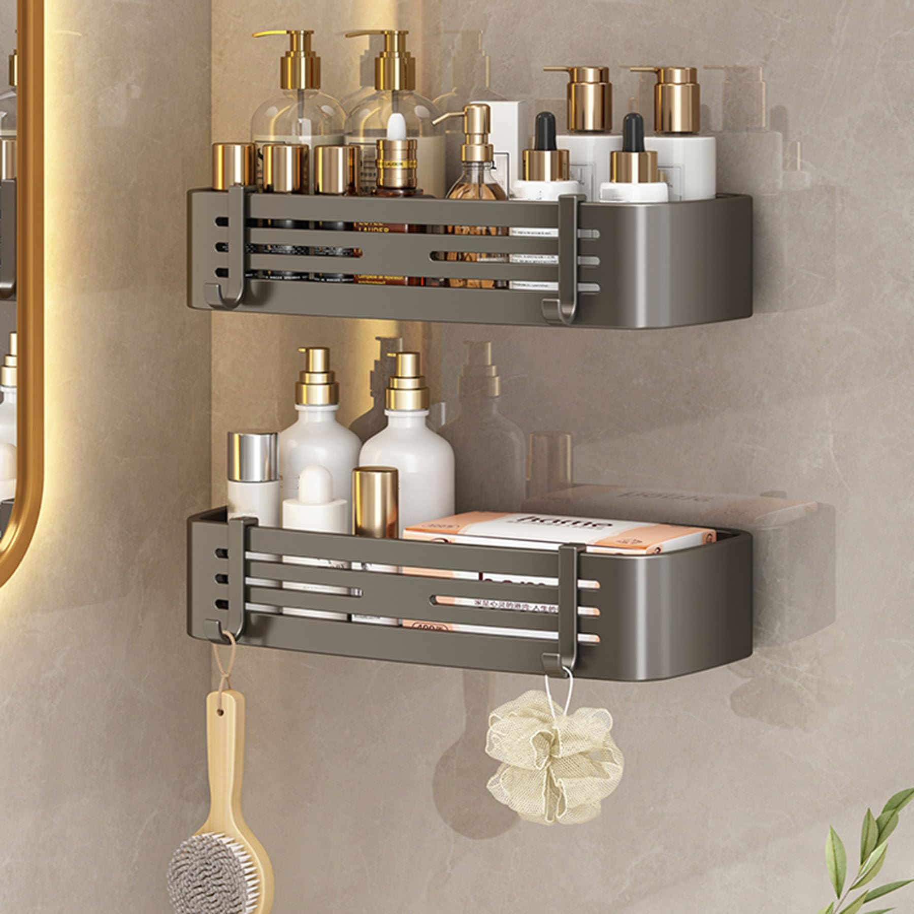 Estante Ducha Adhesivo, Estante de Almacenamiento para baño montado en la Pared, Organizador Ducha sin Taladro, estantes de Ducha Gran Capacidad a Prueba óxido con Ganchos,Blanca,B