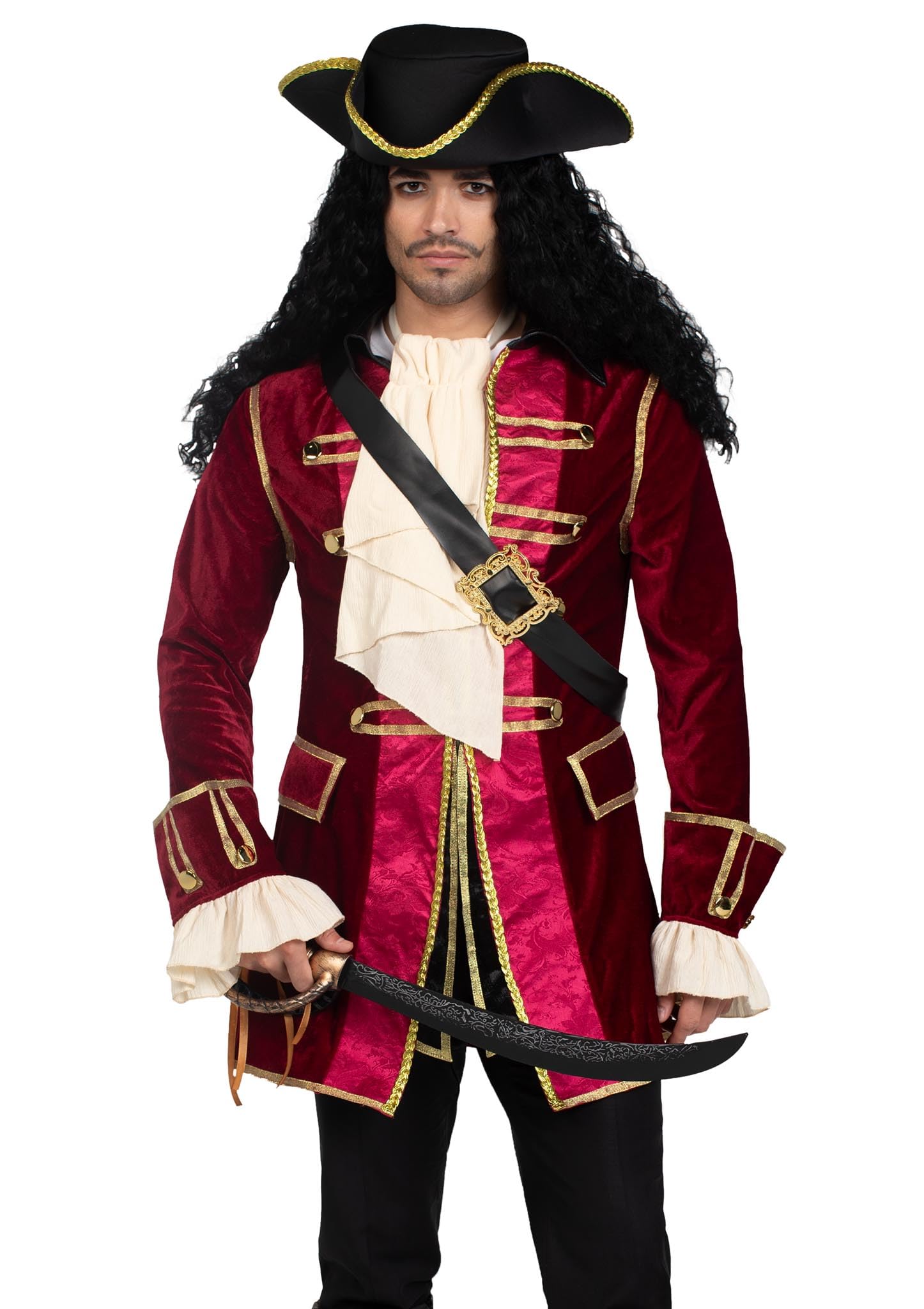 4 PC Pirate Costume with Velvet Pirate Coat Jabot Neck Piece Cross-Body Belt and Pirate Hat