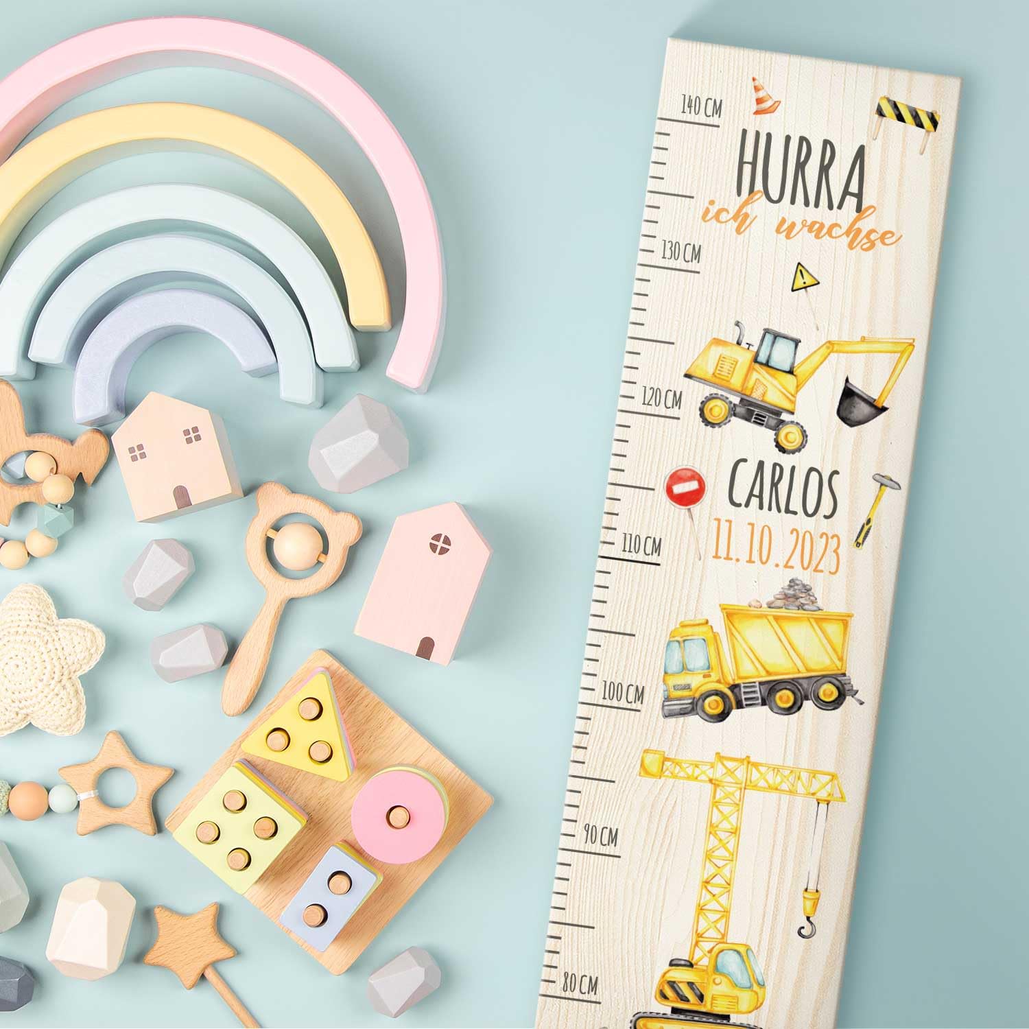 GRAVURZEILE Messlatte für Kinder aus Holz - Baustellen Design - mit Namen für Kinderzimmer - Skala misst 80-140 cm - Größe 20 x 70 x 2 cm - Geschenk zur Geburt für Mädchen & Jungen
