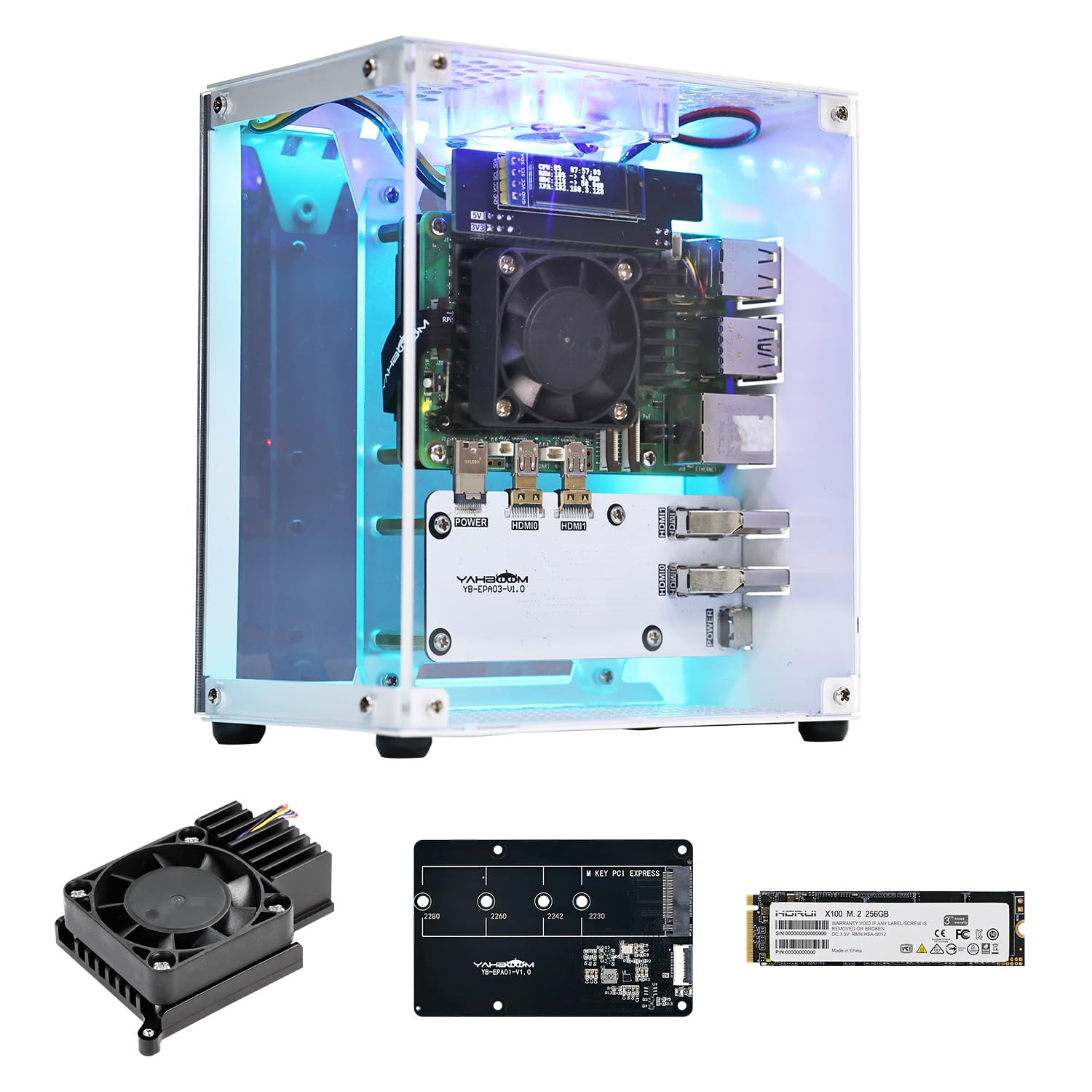 Raspberry Pi 5 M.2 SSD PCIe Mini PC Case for Pi 5 with Tower Radiator, RGB Fan, OLED Display, with M.2 to Adapter, 256 GB NVME SSD