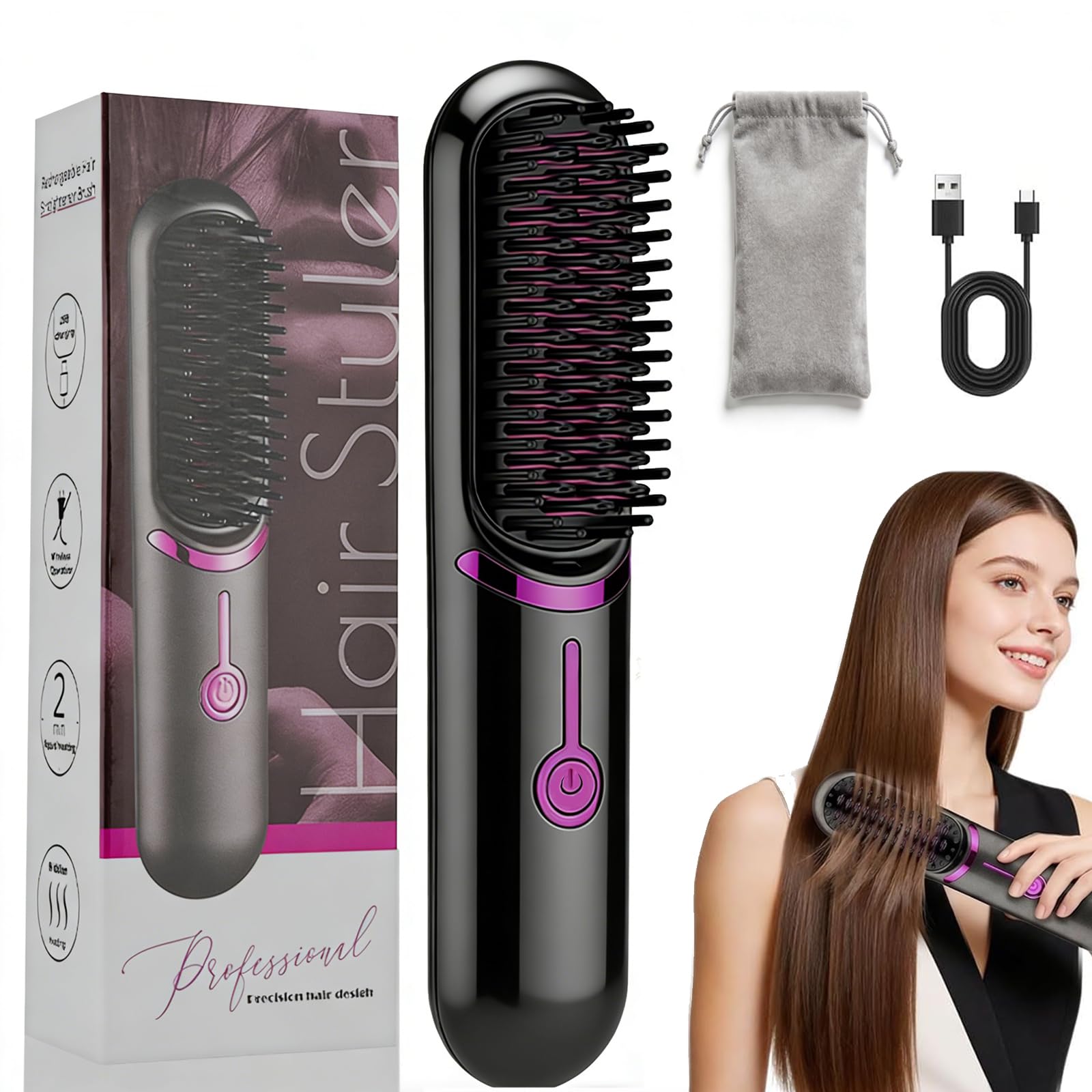 Brosse Lissante pour Cheveux ionique négative portable sans fil, fers à lisser, brosse de défrisage sans fil, peigne de défrisage avec fonction de charge USB, brosse de défrisage 2 en 1 (Noir-1)