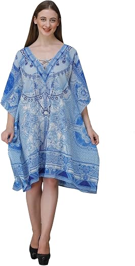 Beach Ready V-Neck Digital Printed Kaftan Dress for Women – One Size Fits S-4XL – Crepe Fabric Multicolour