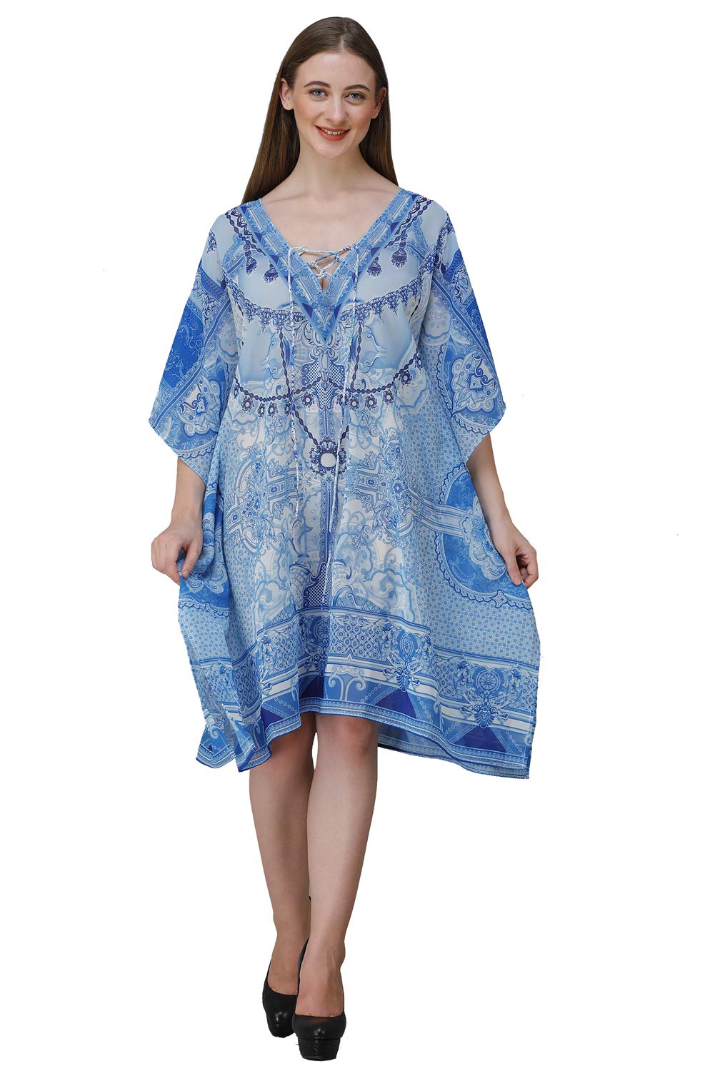 Beach Ready V-Neck Digital Printed Kaftan Dress for Women – One Size Fits S-4XL – Crepe Fabric Multicolour