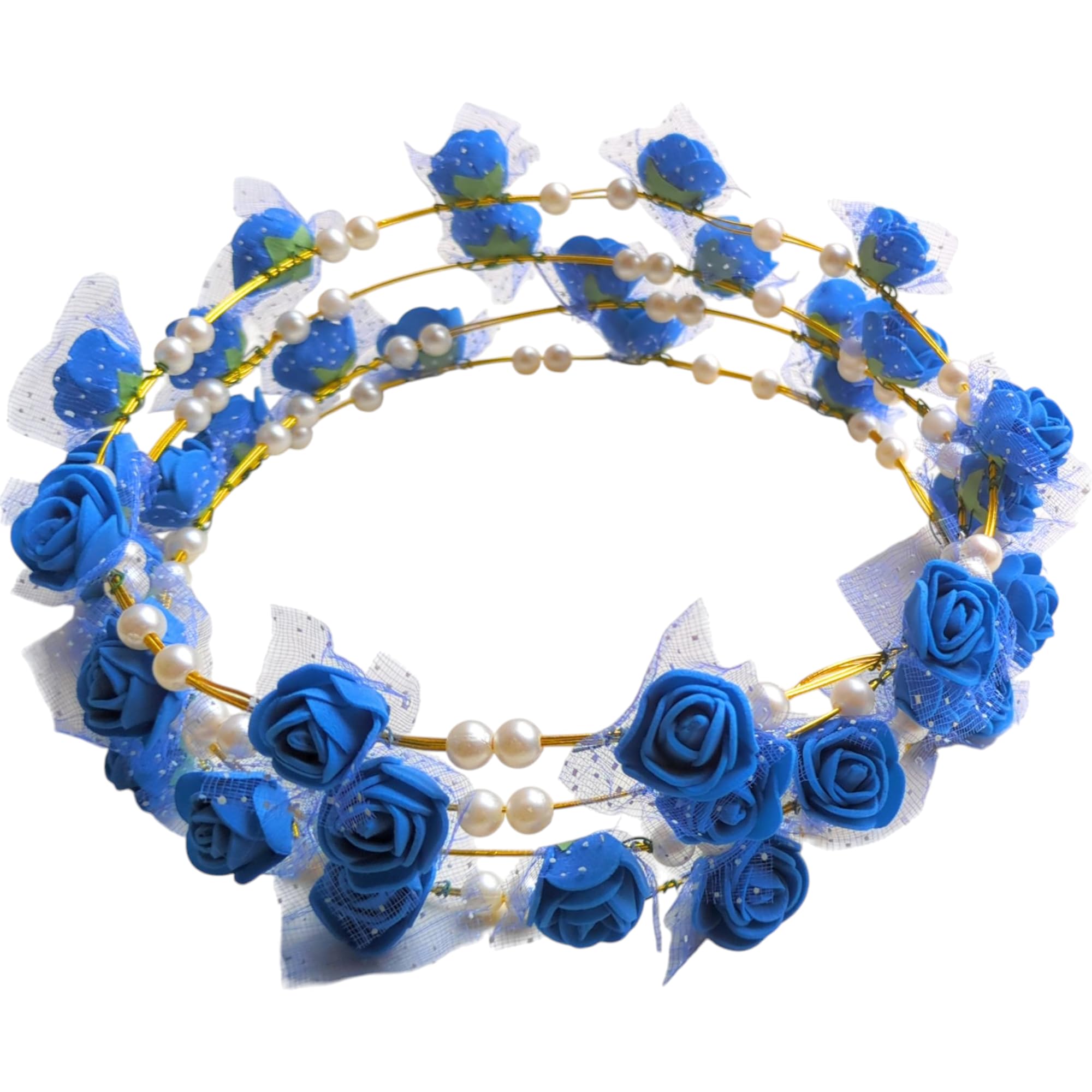 Floral Hair Crown Tiara with Blue Roses and Pearl Beads, Gold Wire Headband, Wedding Hair Accessory-image-47