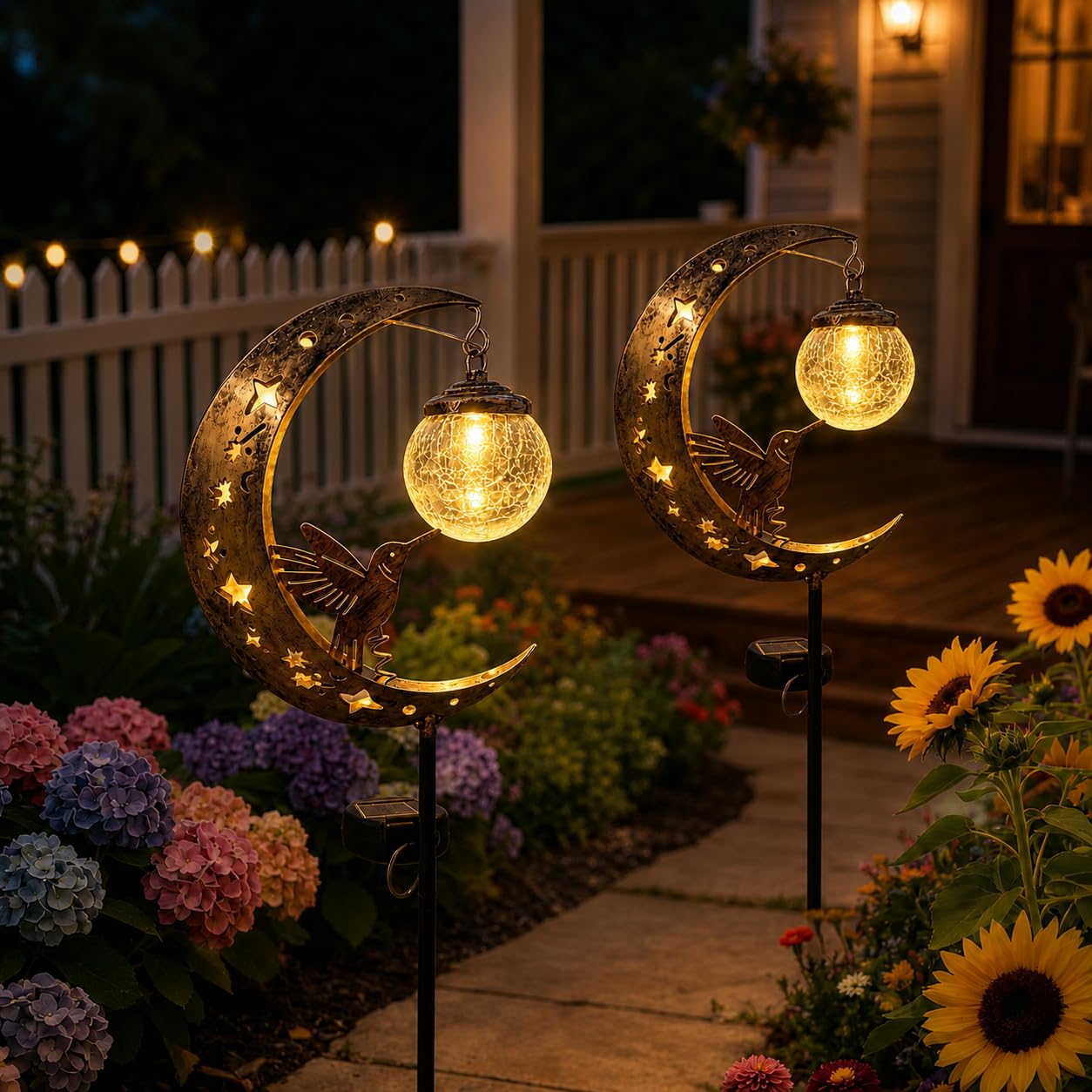 Hummingbird Moon Solar Garden Stake Light, Half Moon Solar Hummingbird Lights, Crackle Hanging Glass Ball, Waterproof Metal Stake LED Pathway Decor, for Outside Yard Patio Lawn Outdoor
