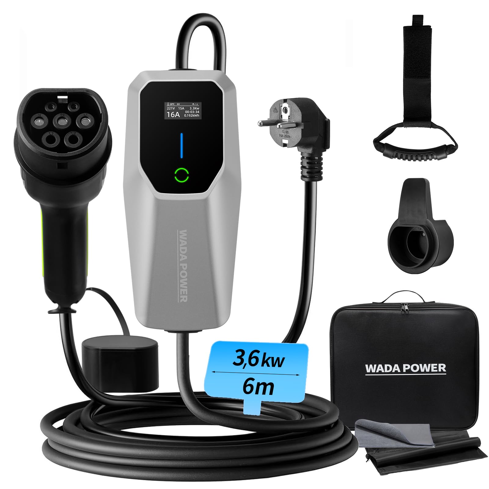 Cavo Ricarica Auto Elettrica 3,68kW [16A, 6M]: Portatile Caricatore Auto Elettriche Monofase Tipo 2 con Spina Schuko, EV Charger con LCD Controllo Digitale, IEC 62196-2
