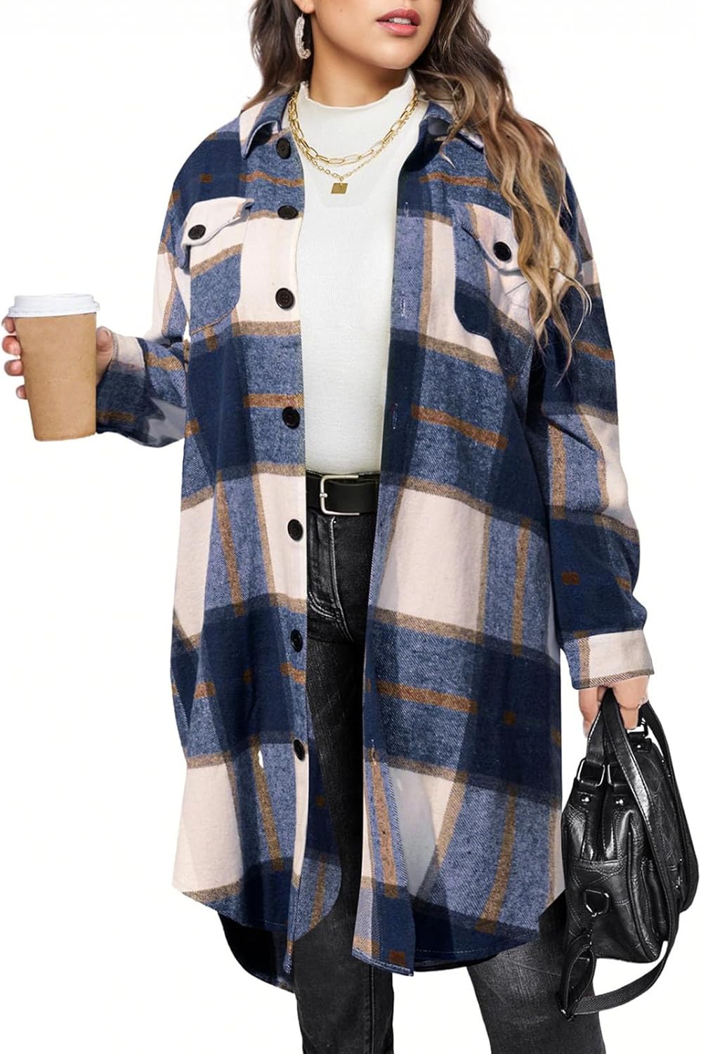 Womens Plaid Shirts Oversized Flannel Length Jacket Lapel Button Down Tartan Long Jackets Fall Lounge Coats with Pockets