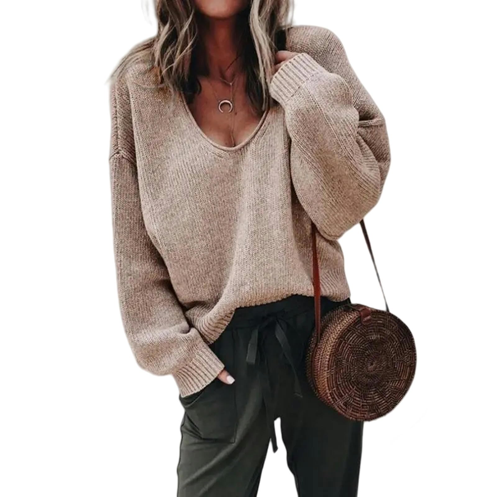 Ropa Mujer Mujeres Mangas Larga V Cuelloz De Punto Capasista Autumn Autumn Black Loose Empéchón Vintage Sweater Streetwear-Amarillo-XXL