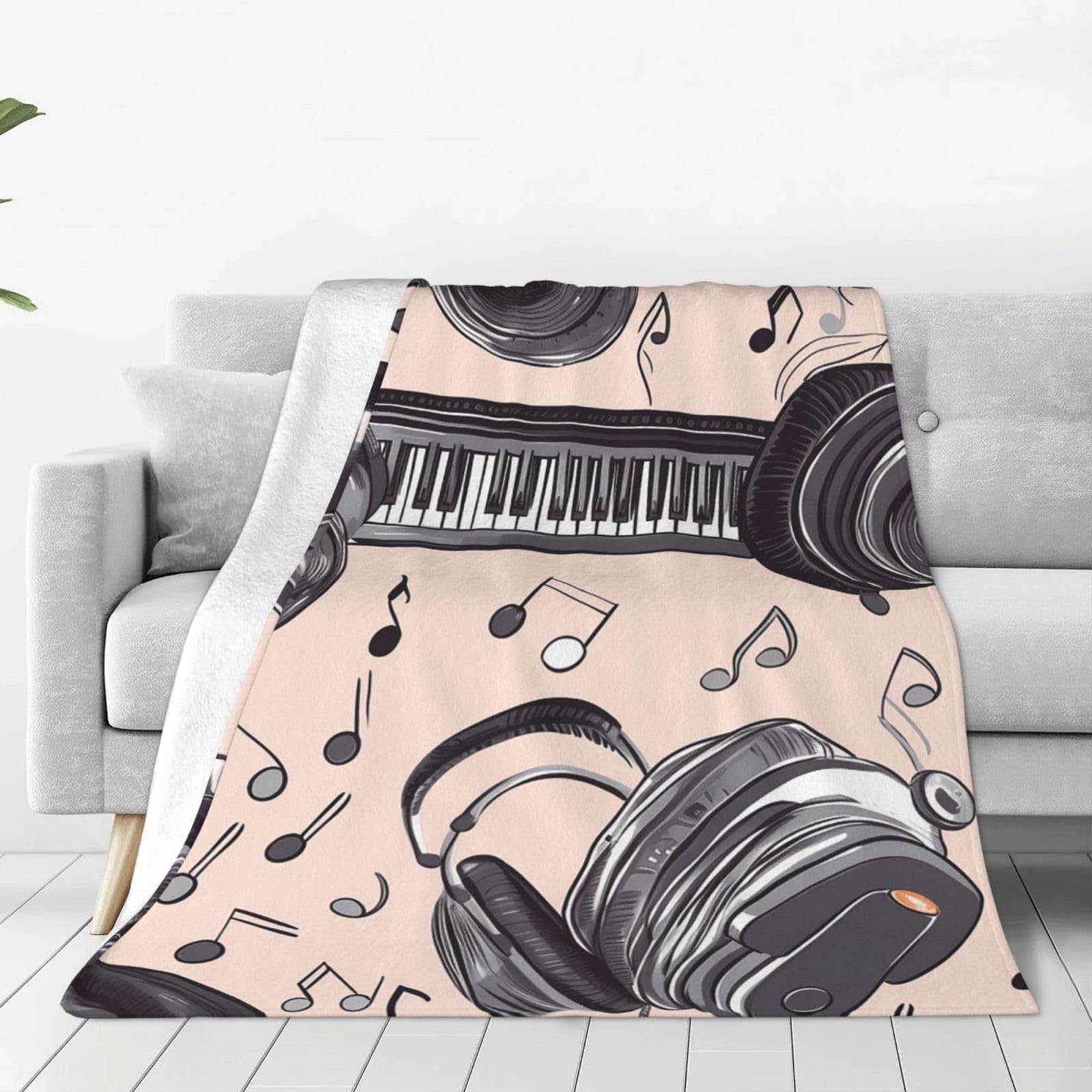 Headphones and Piano Throw Blanket for Couch, Plush Fuzzy Soft Flannel Blankets and Throws for Sofa, 40"x30" Bed Blankets for Travel Camping Chair, All Season Warm Fleece Blanket